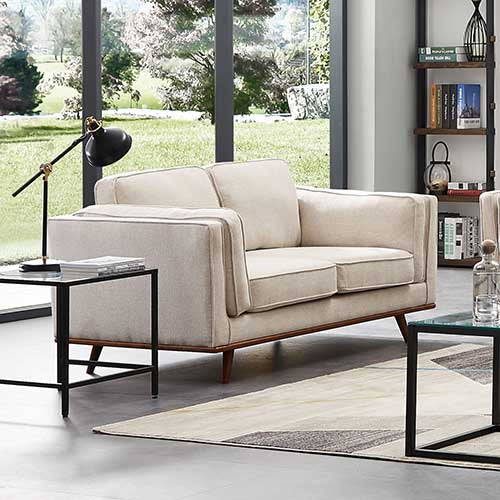 Beige fabric 2-seater sofa with modern arms and wooden legs.