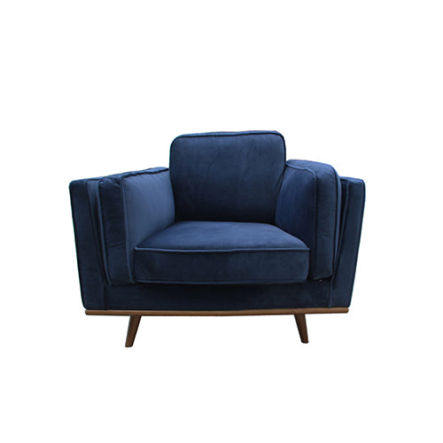 Modern single-seater armchair in dark blue velvet with square arms and wooden legs