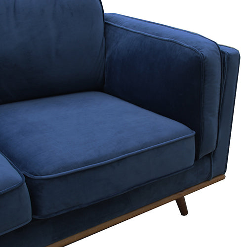 3-seater sofa arm and seat cushion in soft blue velvet with wooden base
