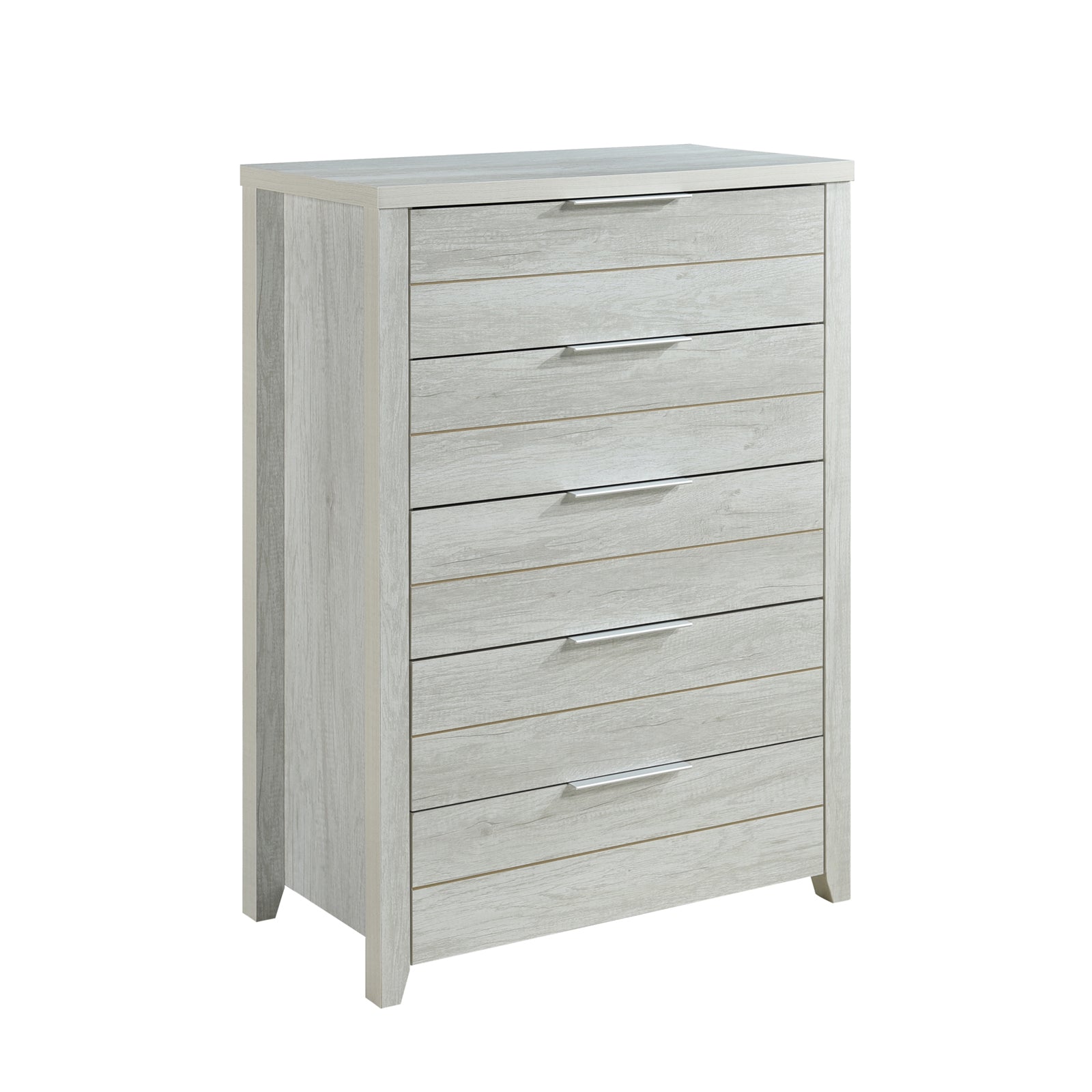 White ash-finish tallboy dresser with five drawers and metal bar handles