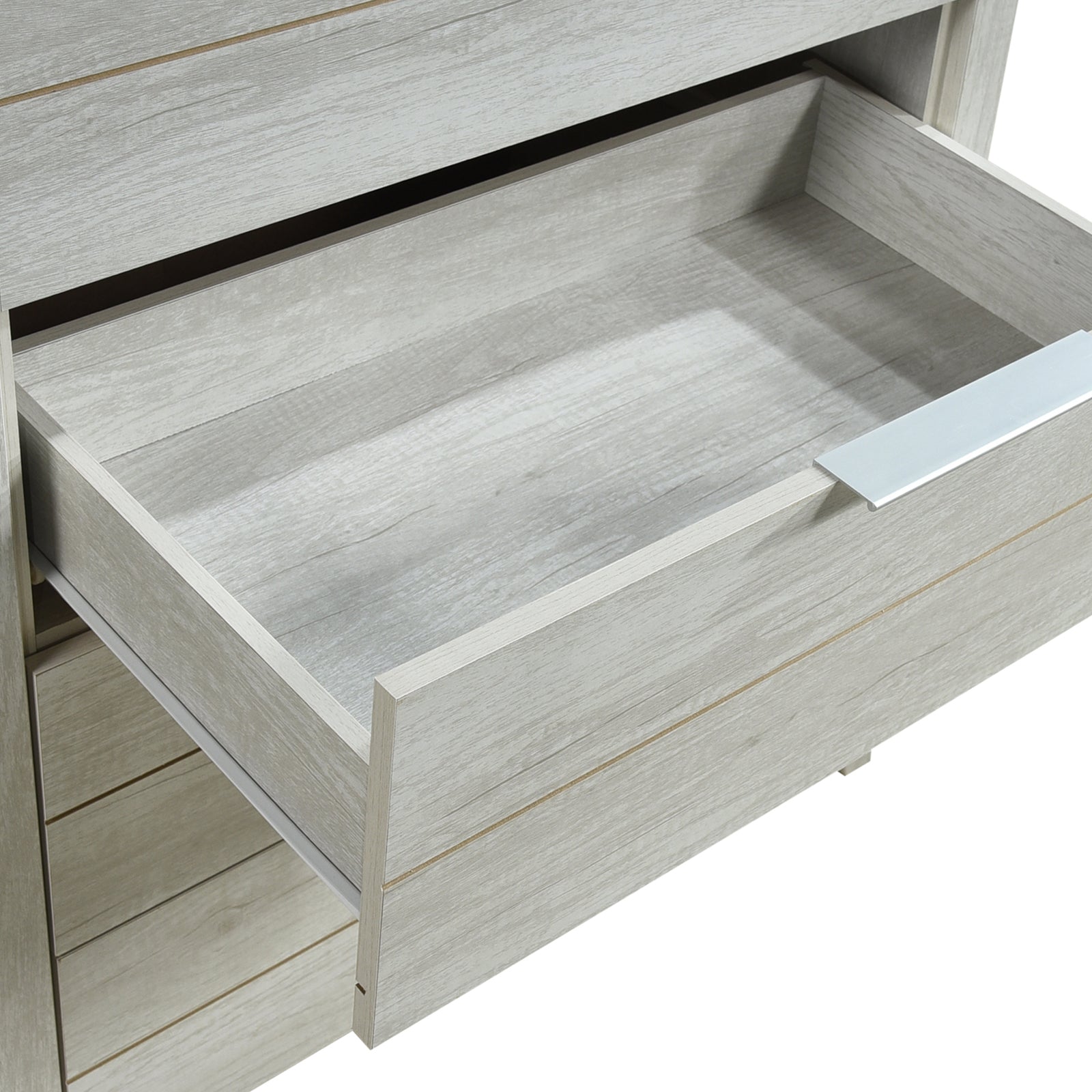 White ash-finish open drawer with interior base and silver bar handle