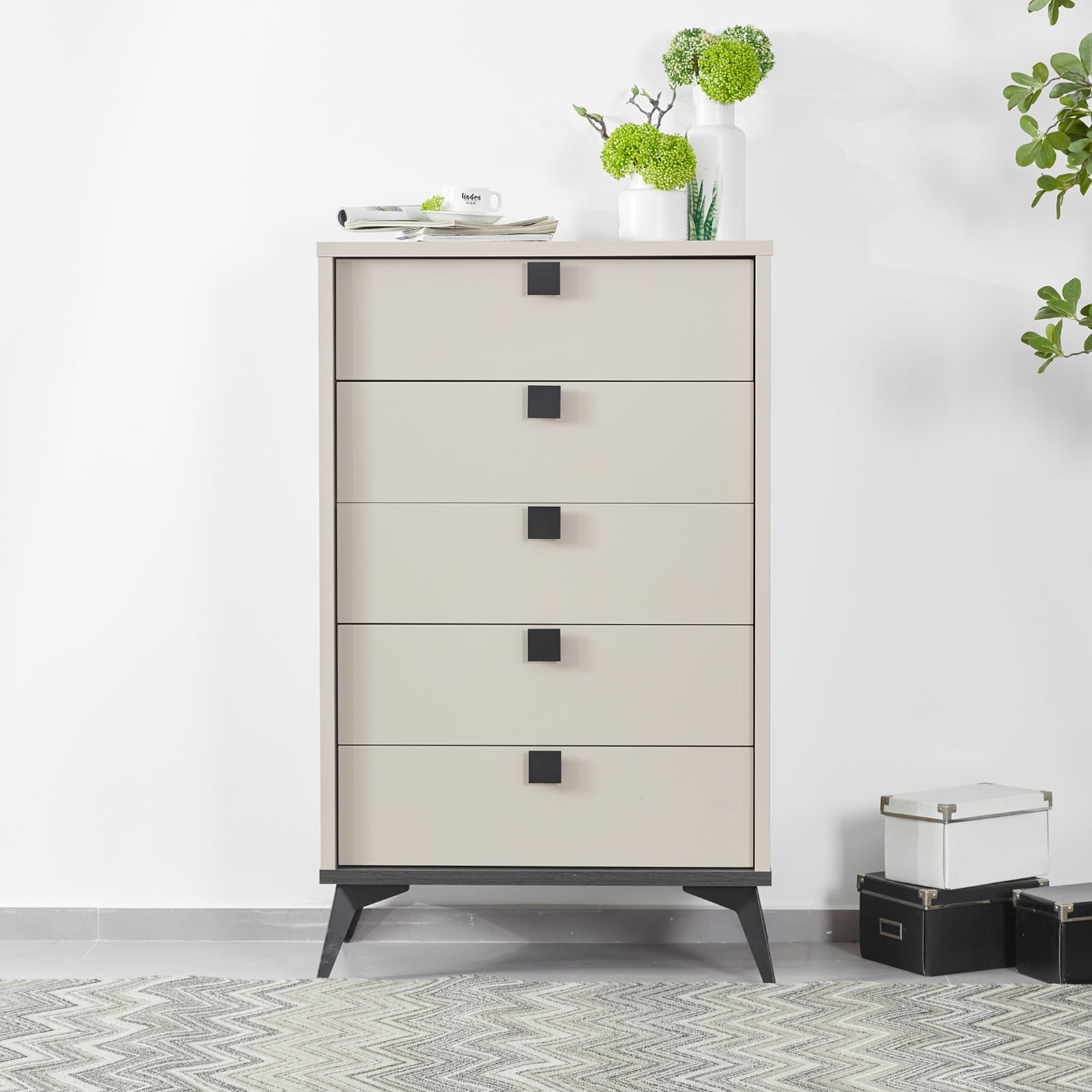 Tallboy cabinet with five drawers, light champagne MDF, black legs and knobs