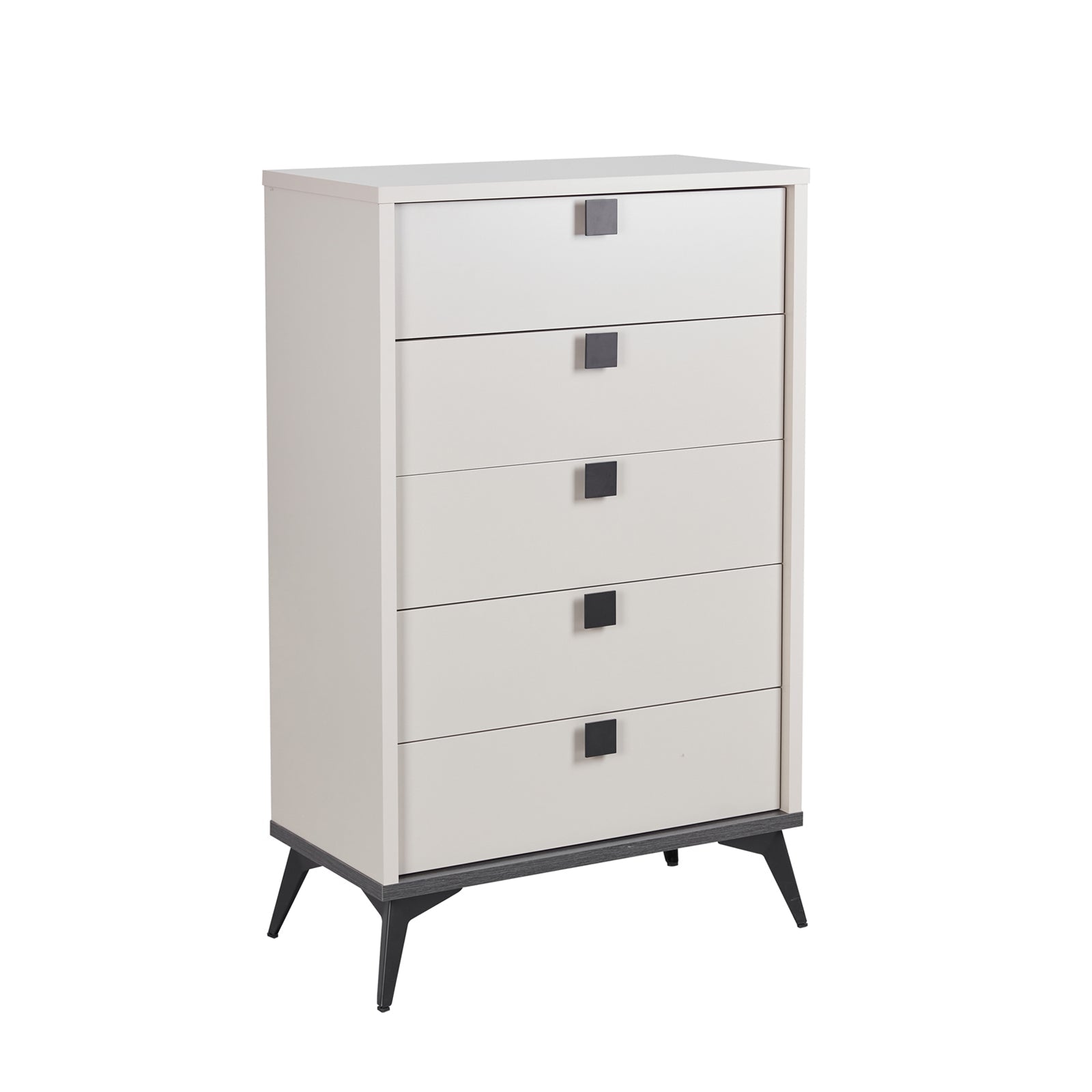 Tallboy cabinet with five drawers, light champagne MDF, black legs and handles