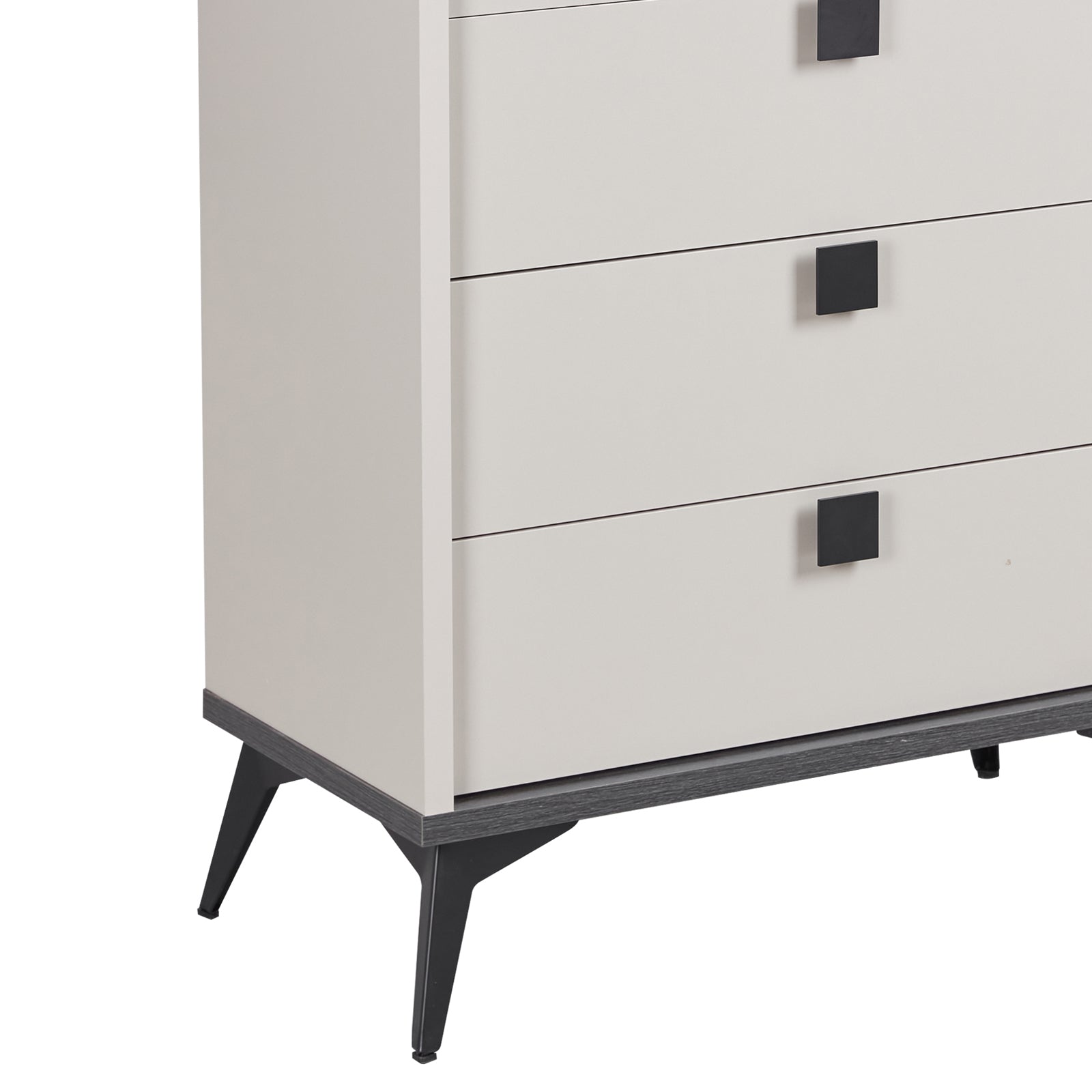 Tallboy cabinet drawer front and black legs, light champagne MDF finish