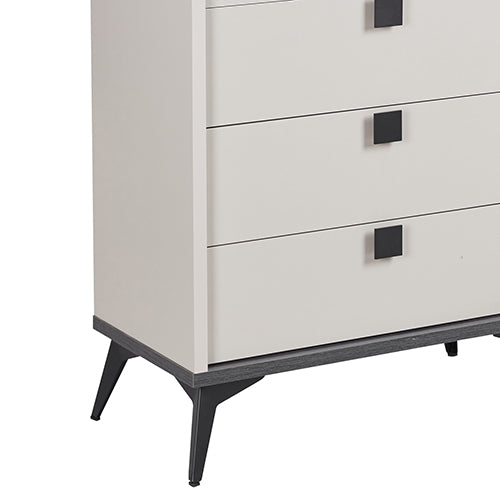 Tallboy cabinet drawer front and black legs, light champagne MDF finish