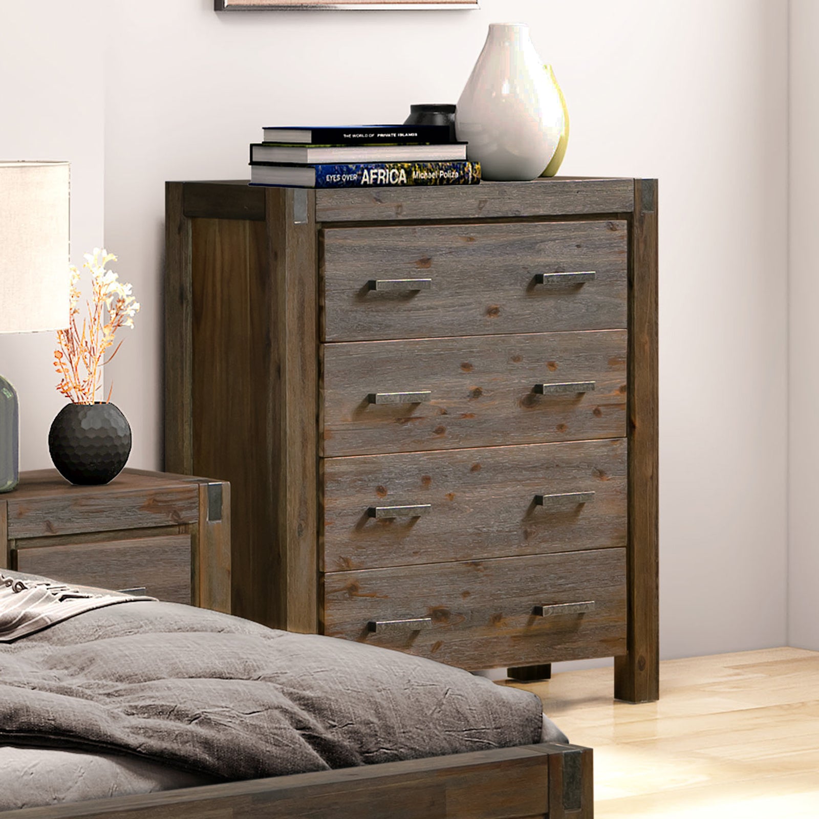 Solid wooden tallboy cabinet with 4 drawers and metal bar handles, dark chocolate brown