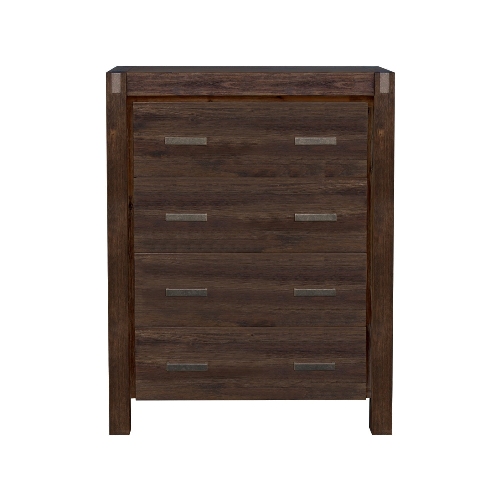 Chocolate-brown wooden tallboy with 4 storage drawers and rectangular metal bar handles