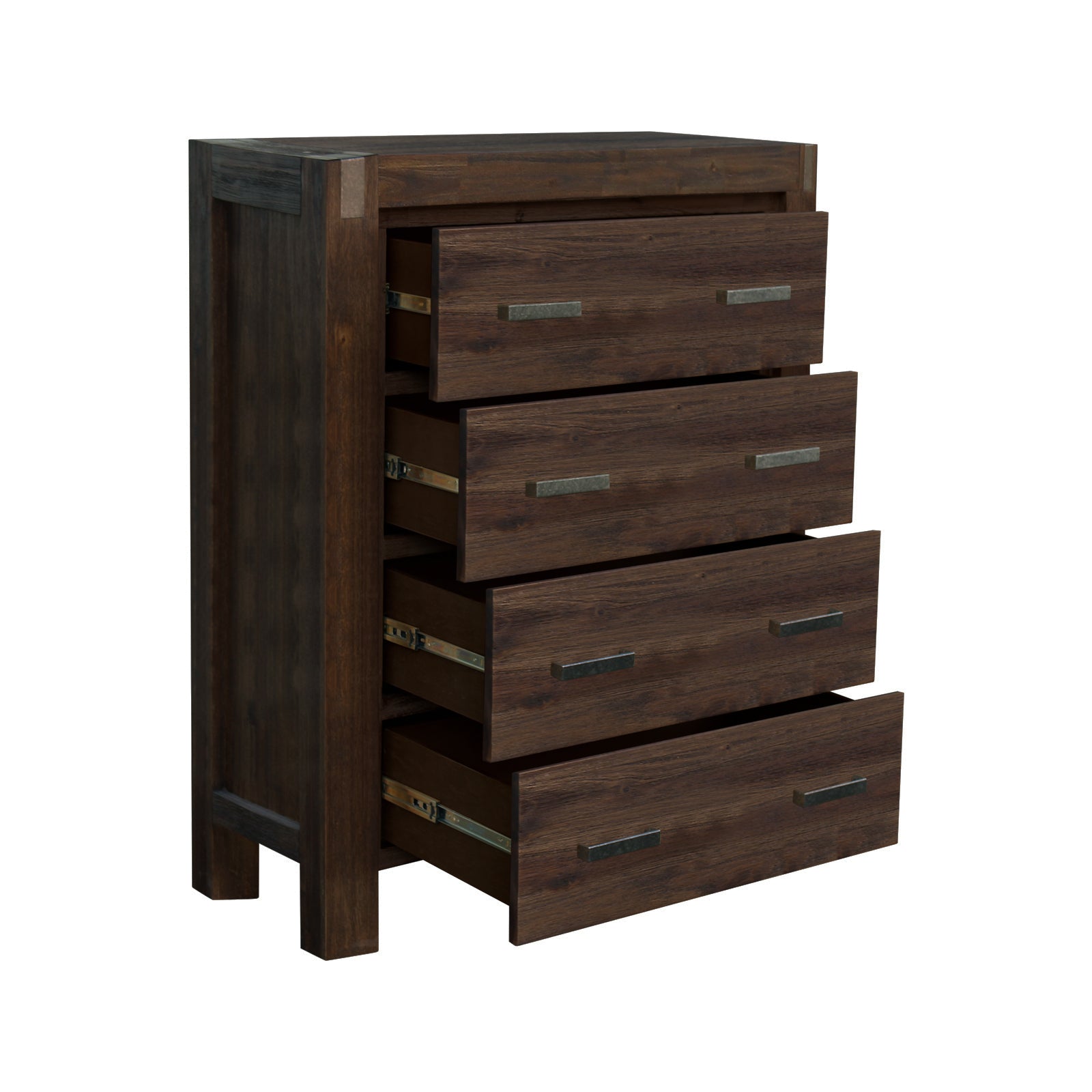 Wooden tallboy showing 4 drawers with metal bar handles in dark brown finish