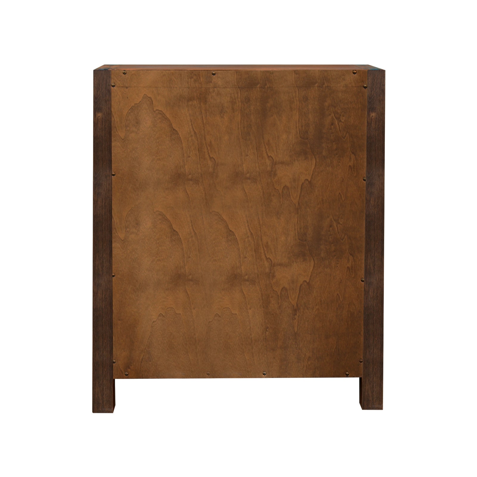 Back panel of a solid wooden tallboy cabinet with leg supports, dark brown finish