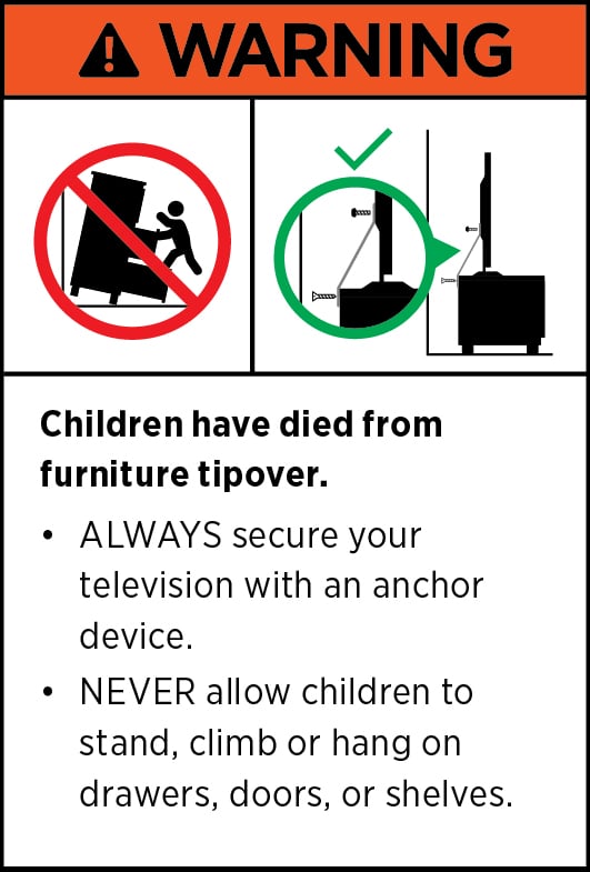 Furniture tipover warning sign: keep children away from drawers; secure TV with anchor