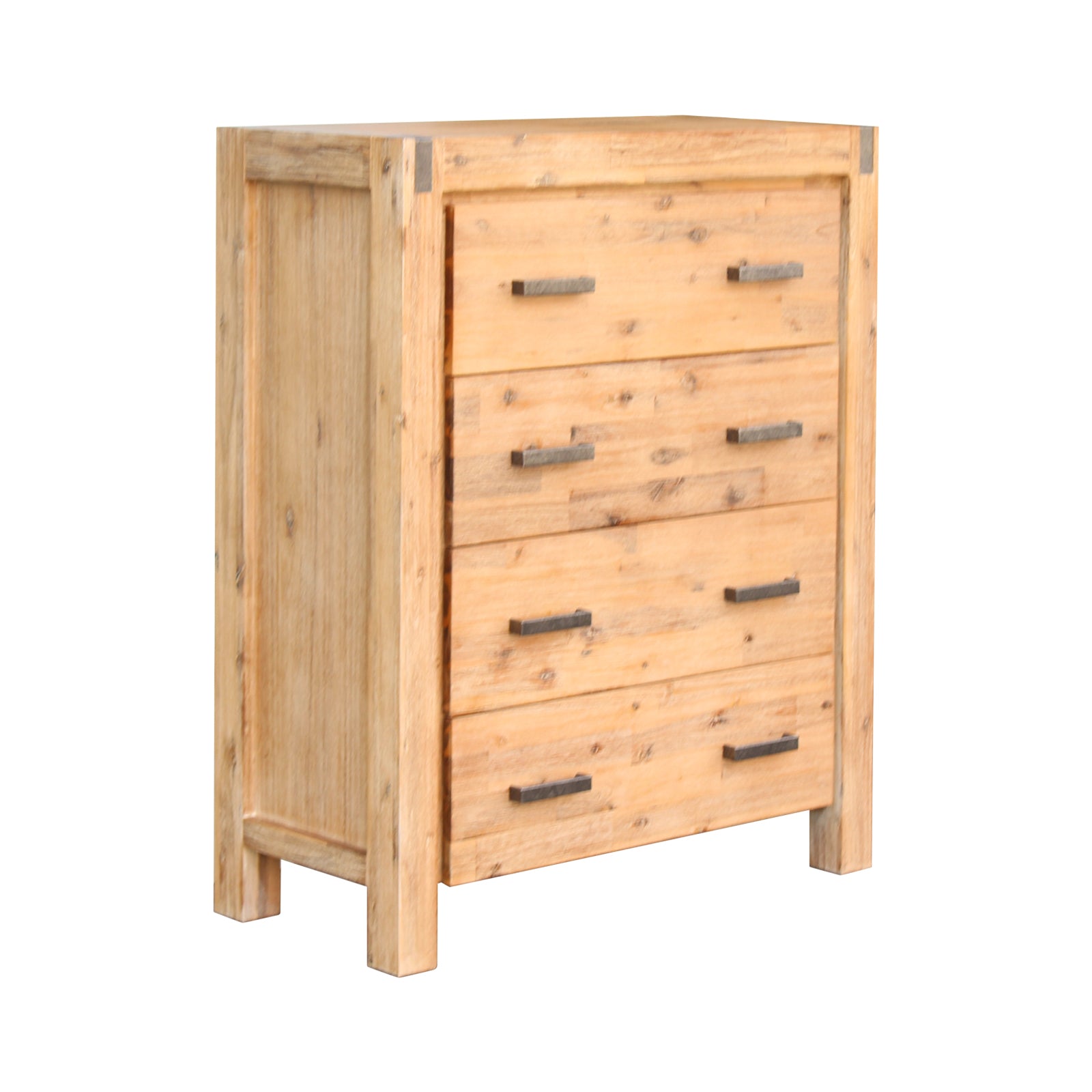 Solid wooden tallboy cabinet with four drawers and metal handles, oak finish