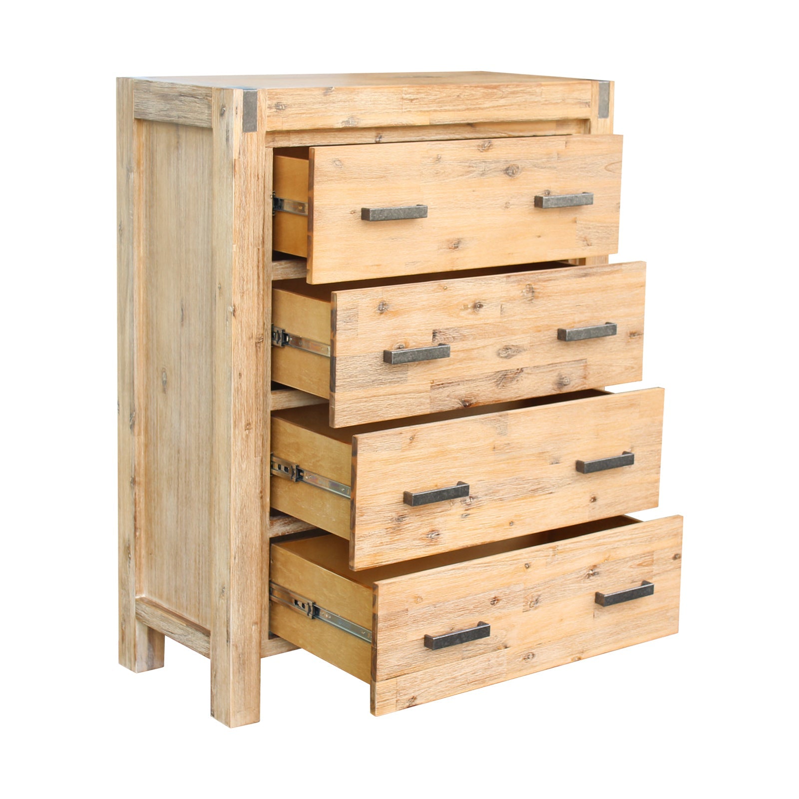 Solid wood tallboy with four open drawers and metal handles, oak finish