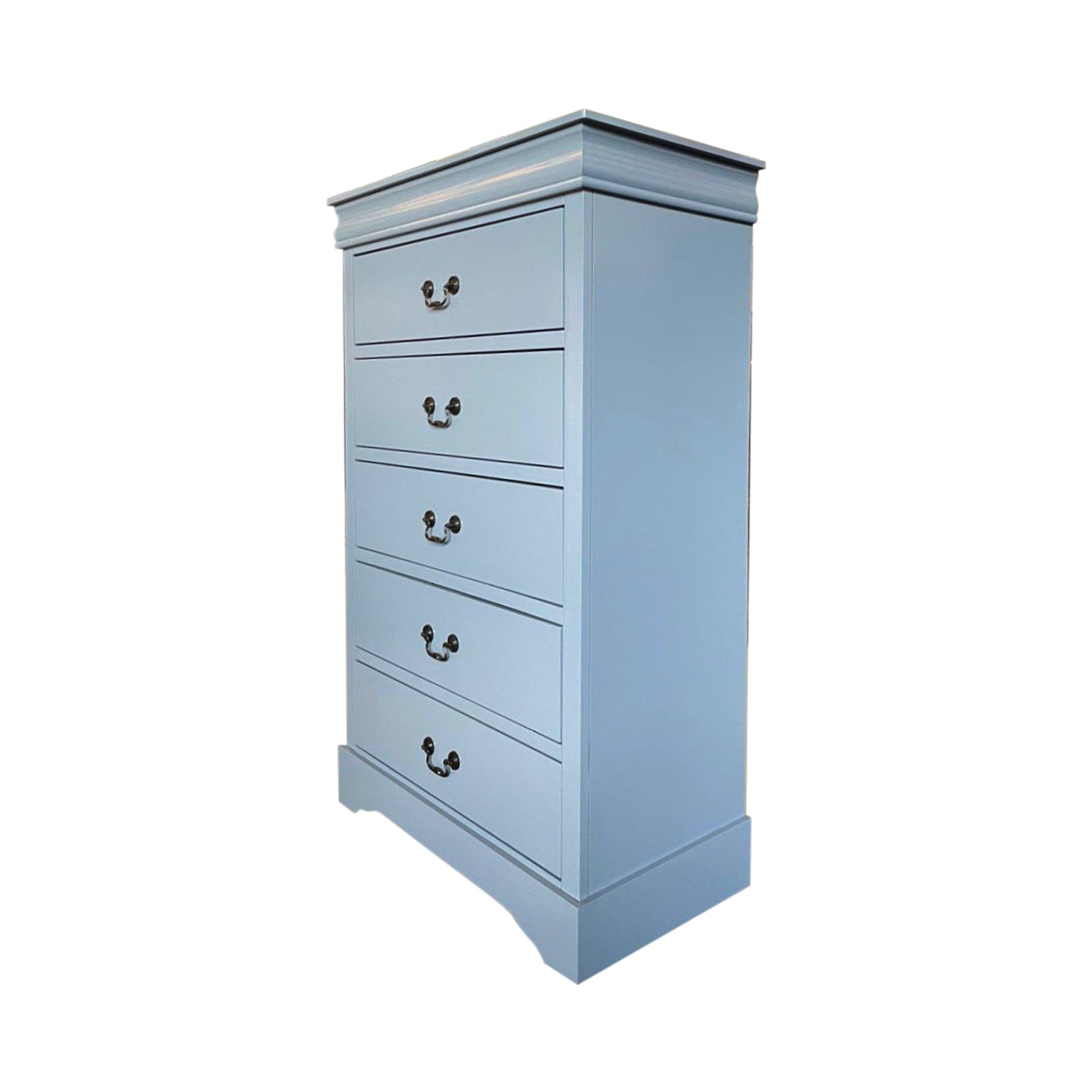 Light blue-grey tallboy with four visible drawers and metal cup handles