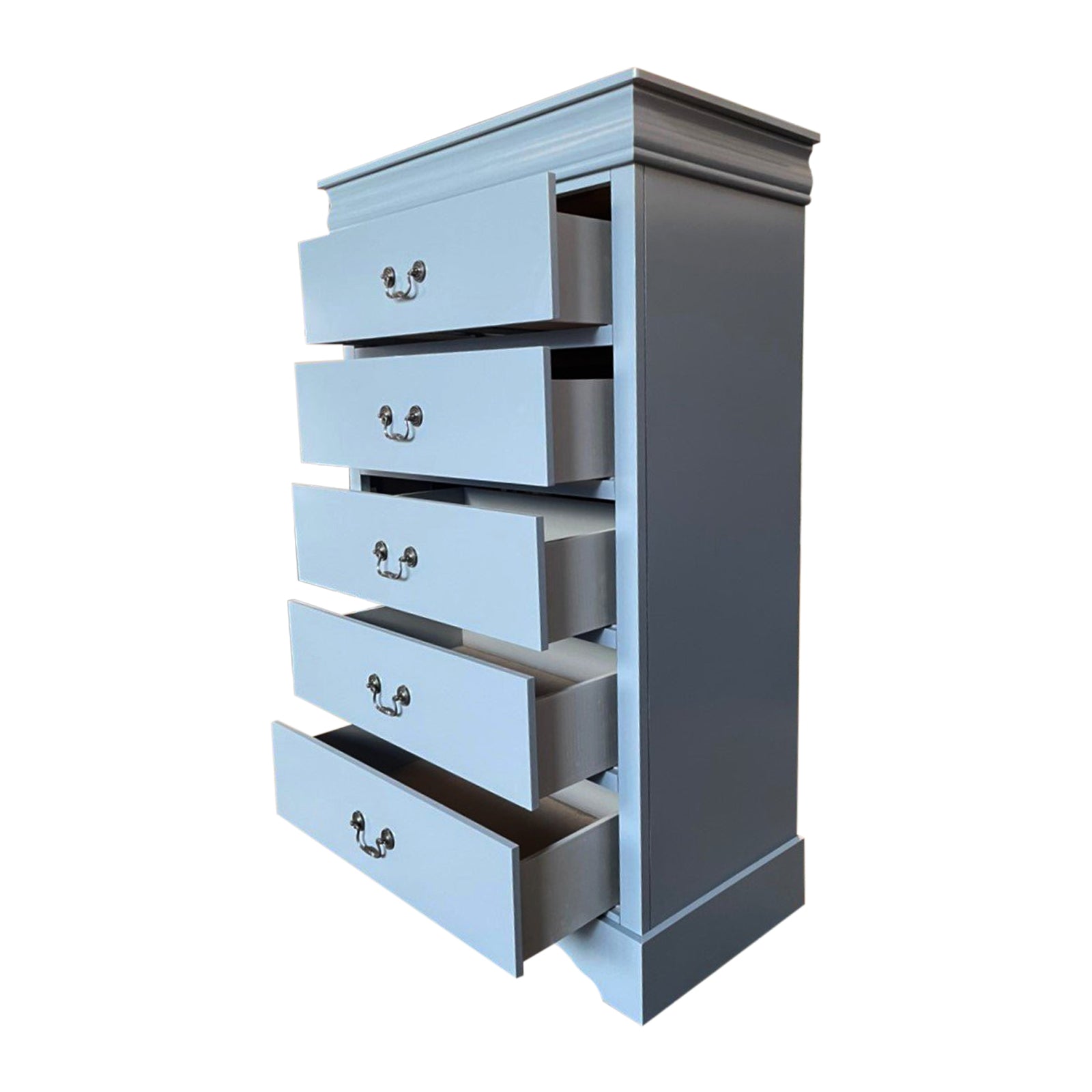 Blue-grey tallboy with five drawers open and metal cup handles