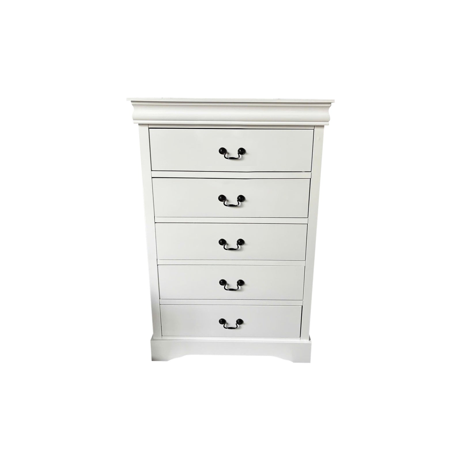 White tallboy dresser with five drawers and curved black metal handles