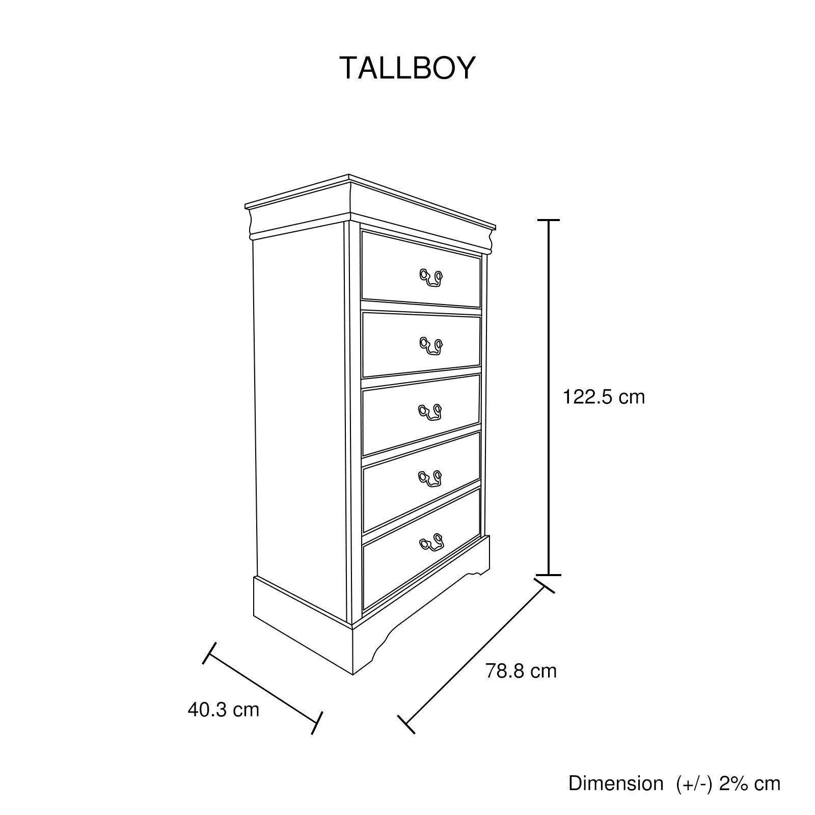 Tallboy storage cabinet diagram: 122.5 cm H, 78.8 cm W, 40.3 cm D