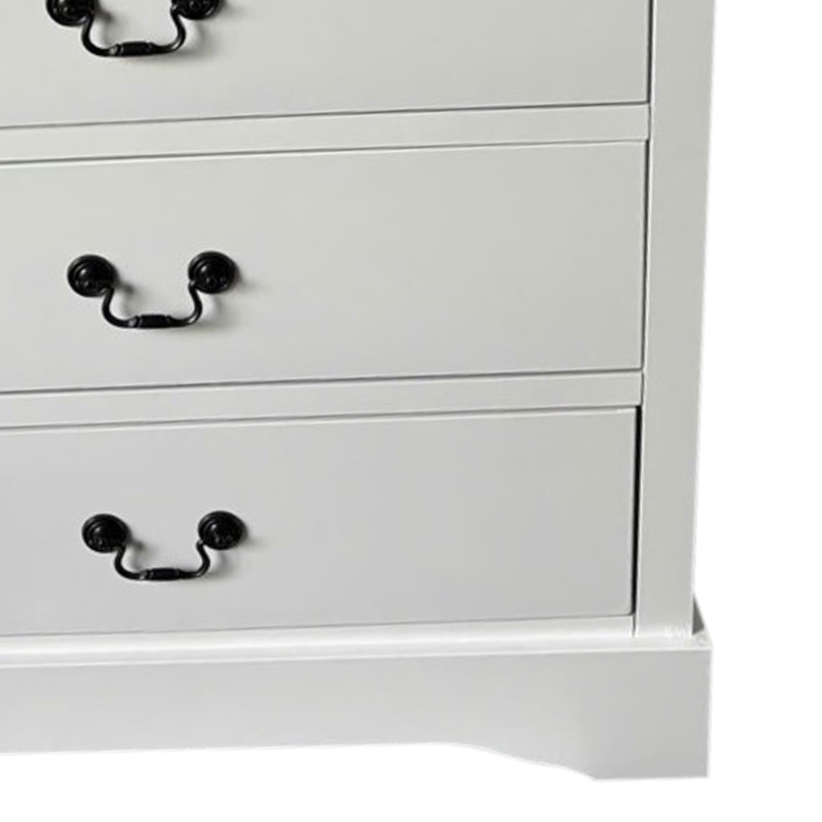 White tallboy dresser drawer fronts with black metal U-shaped handles