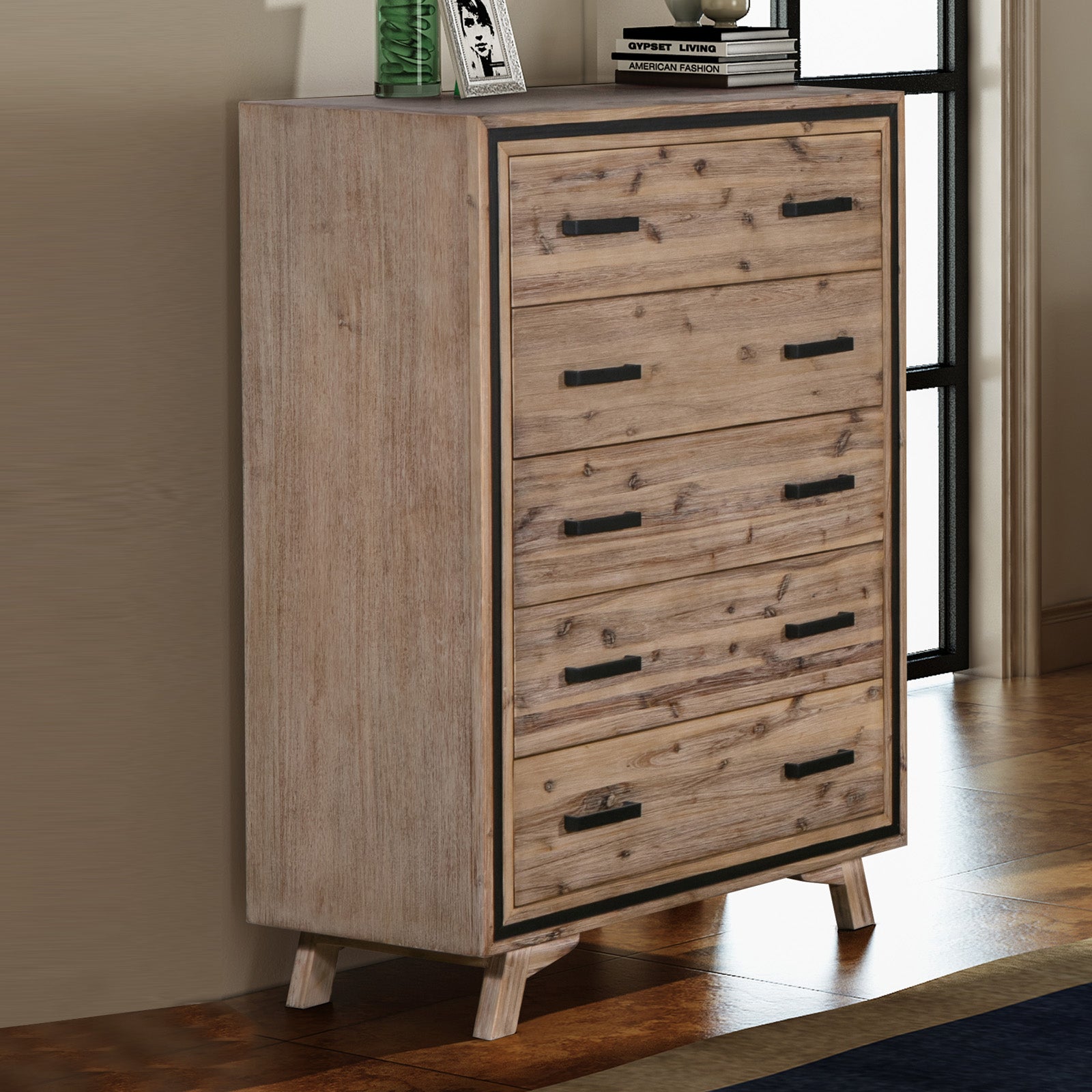 5-drawer tallboy storage cabinet with silver-brush frame and black bar handles