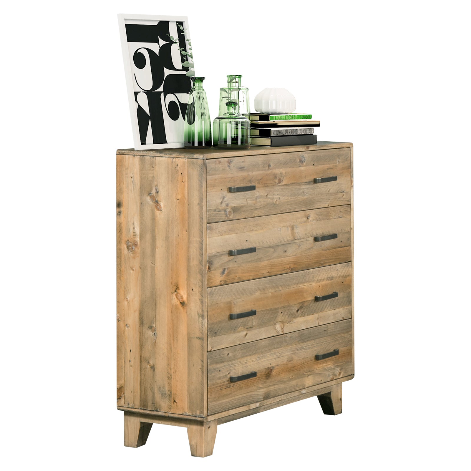 Light brown wooden tallboy cabinet with four drawers and black bar handles from side