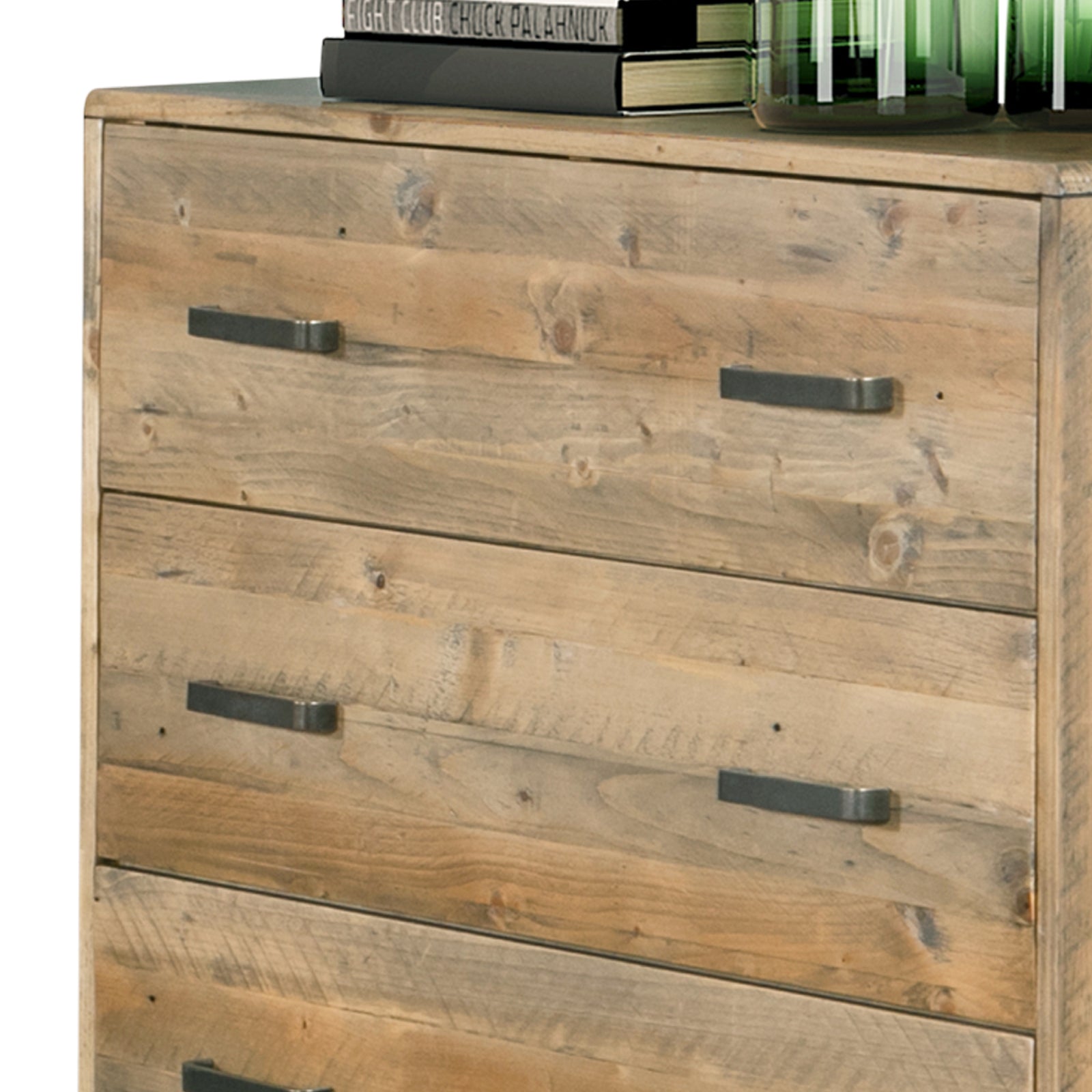 Wooden tallboy cabinet close-up of two drawers with black bar handles