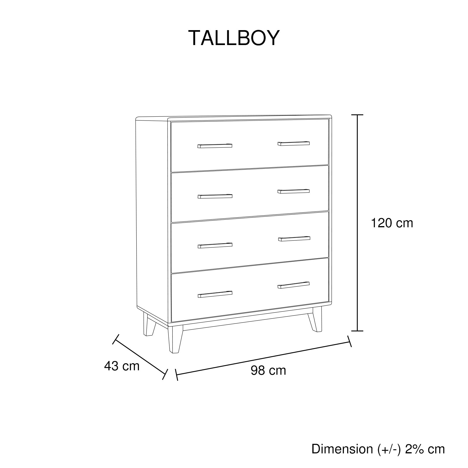 Tallboy dimensions diagram, height 120 cm and width 98 cm