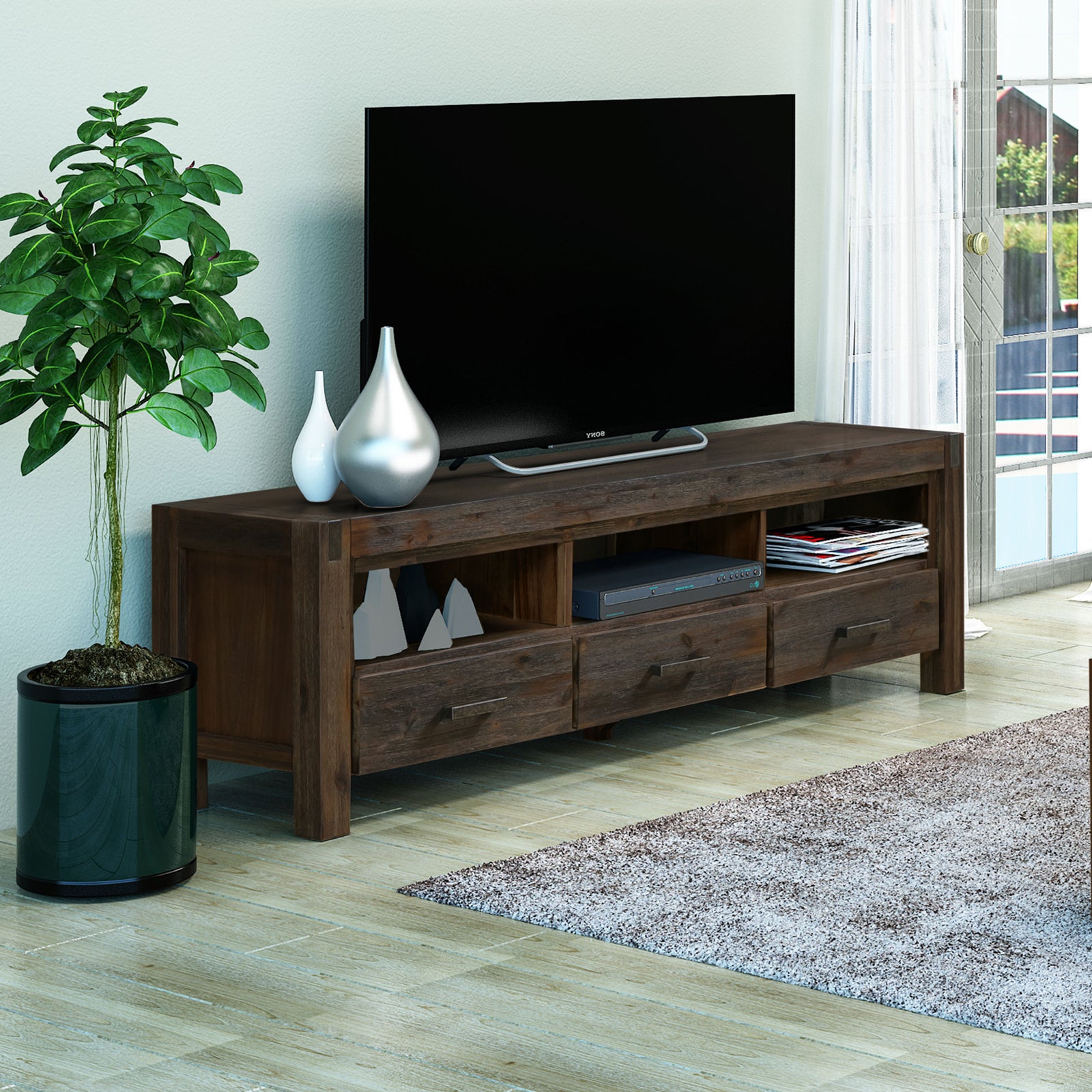 Chocolate acacia TV cabinet with open shelf and three storage drawers