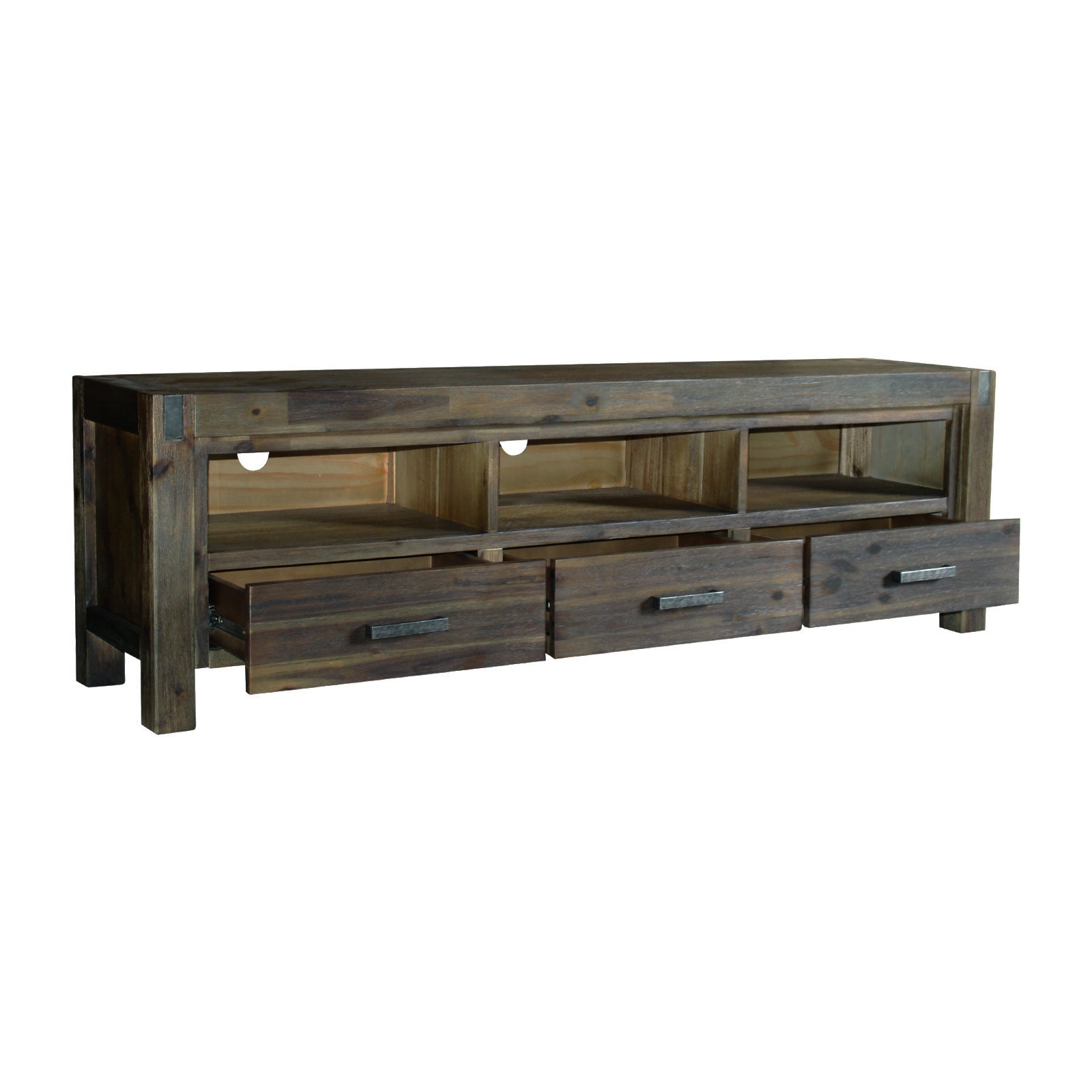 Rectangular TV cabinet front with open shelf and two drawers, acacia wood