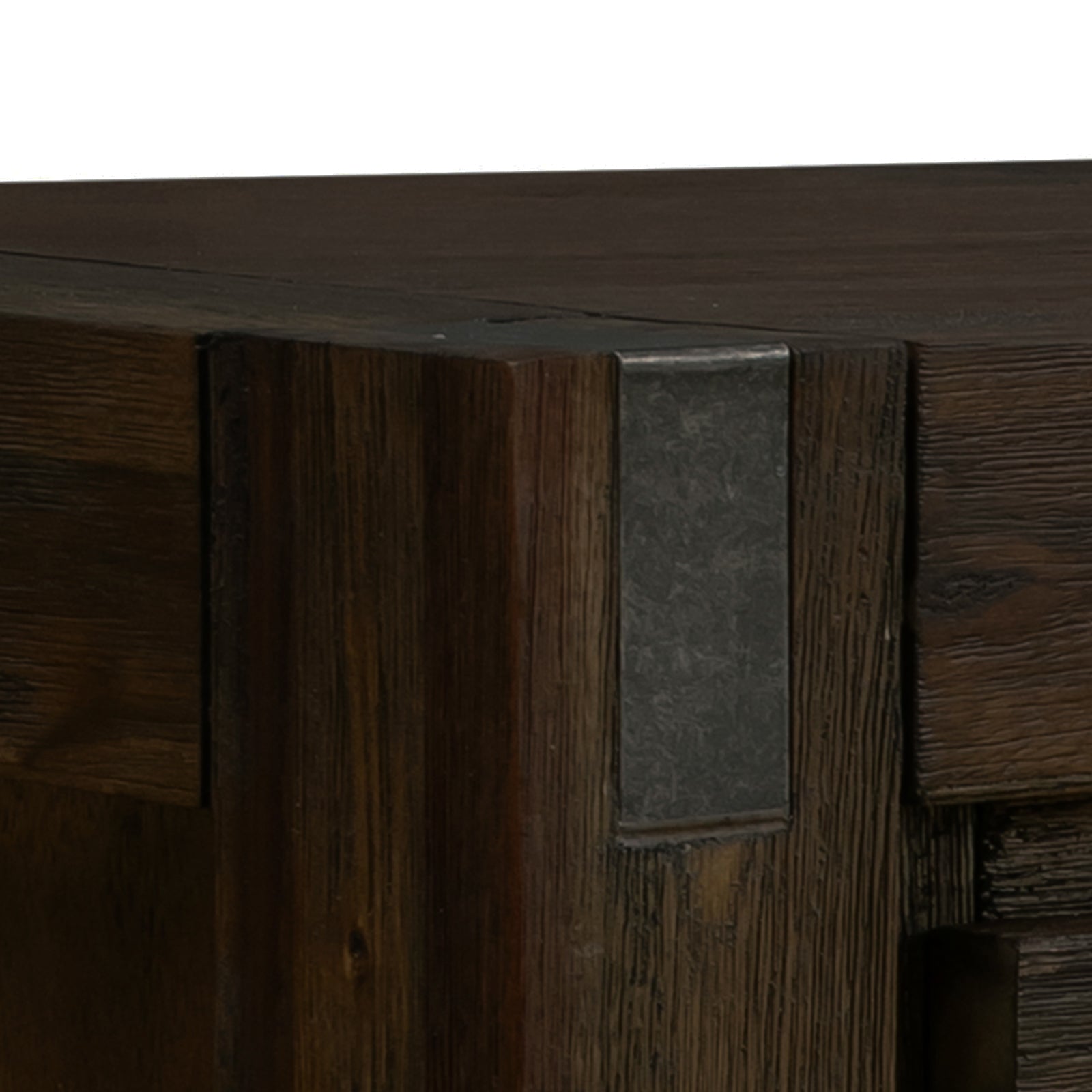 Acacia wood corner detail on dark brown TV cabinet with recessed panel
