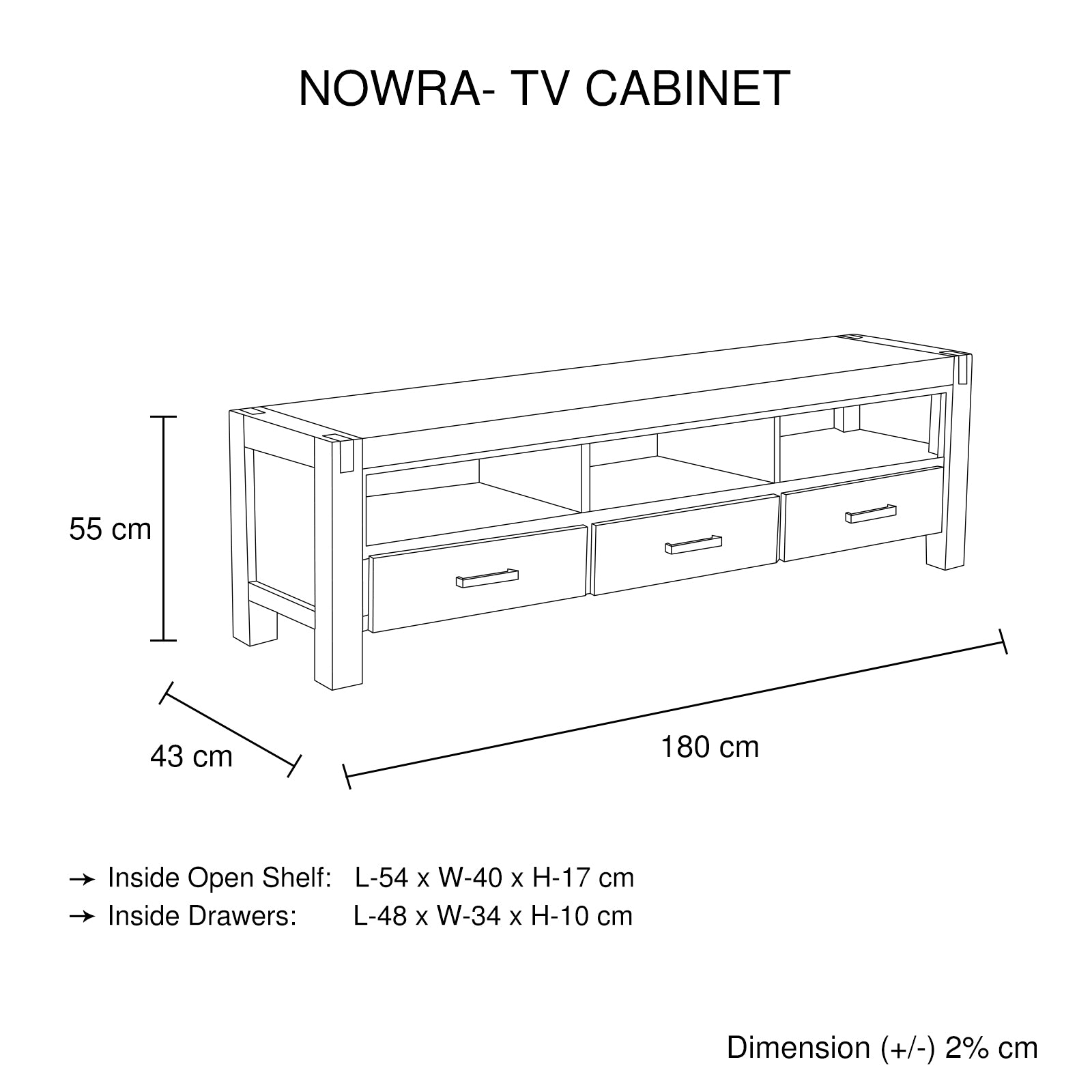 TV cabinet dimensions diagram: 180 cm wide, 55 cm high