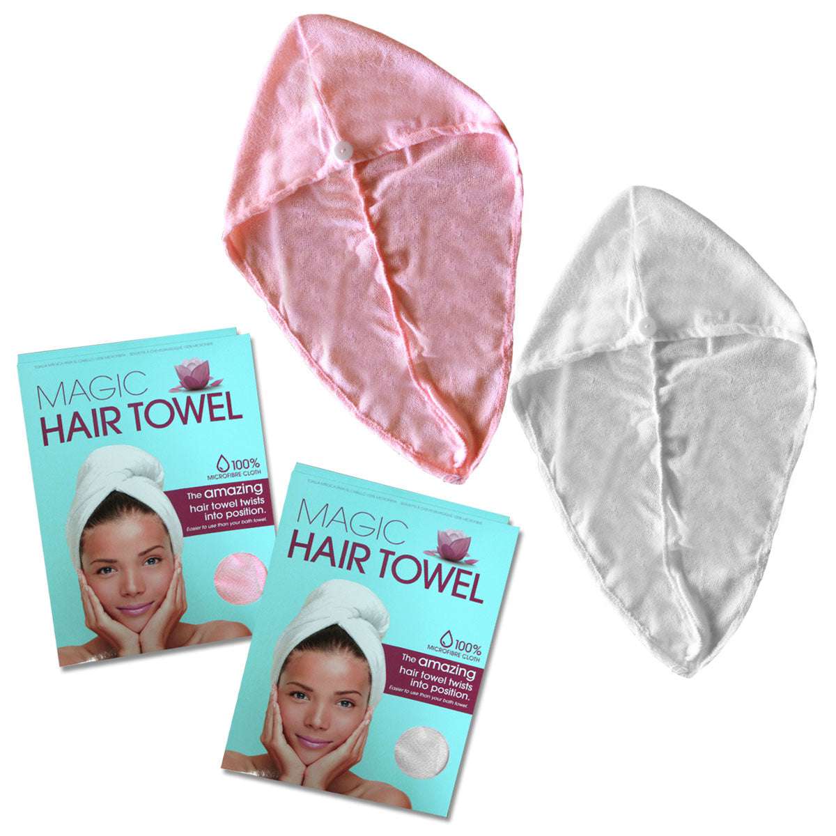 2 Magic Quick Dry Microfibre Hair Dryer Towels Pink + White