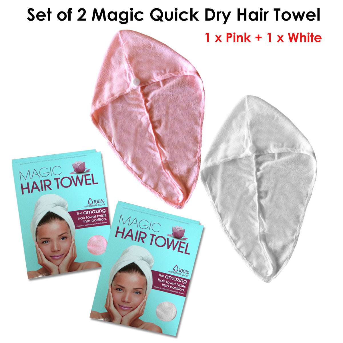 2 Magic Quick Dry Microfibre Hair Dryer Towels Pink + White
