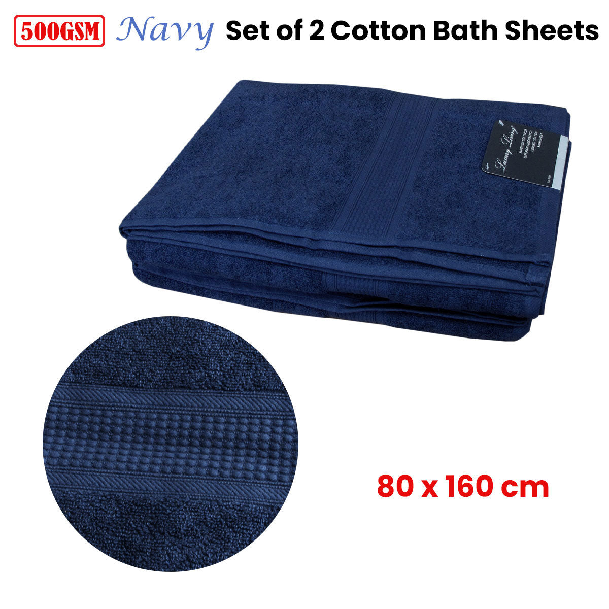 2 100% Cotton Bath Sheet Navy 80
