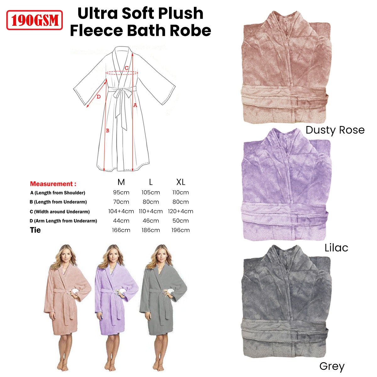 190GSM Ultra Soft Plush Fleece Bath Robe Dusty Rose