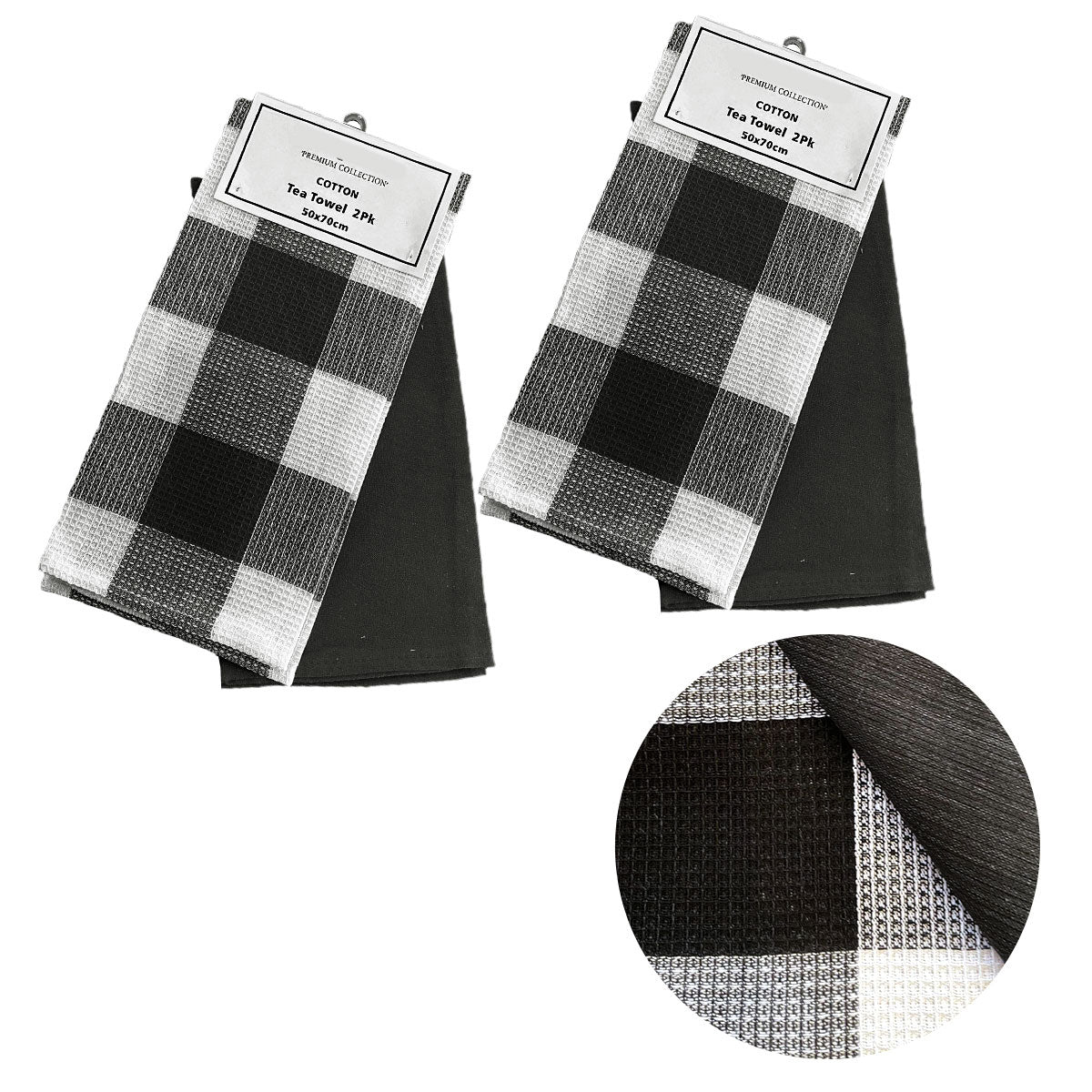 4 Cotton Waffle Checkered & Plain Dyed Tea Towels 50cm