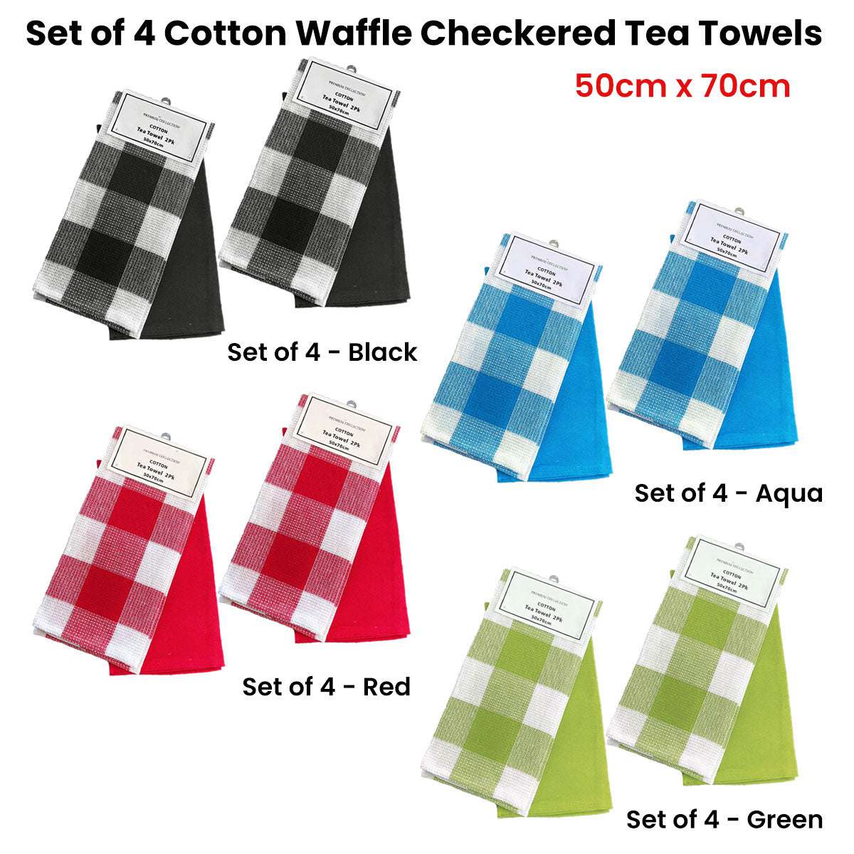4 Cotton Waffle Checkered & Plain Dyed Tea Towels 50cm