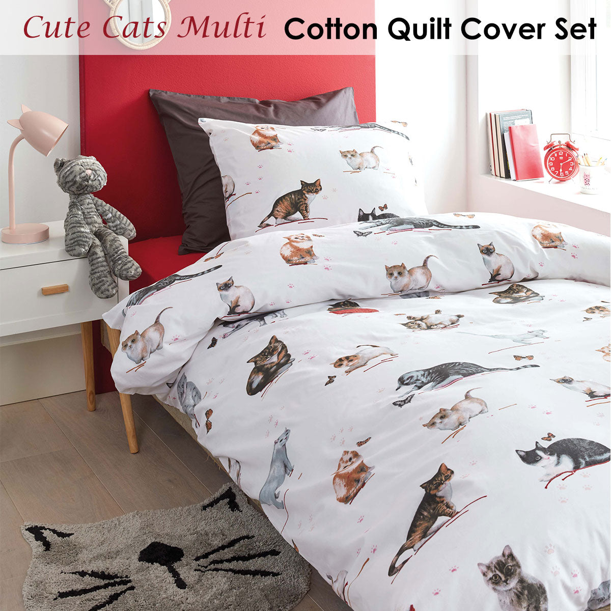 Single cotton quilt cover set with cat print, quilt cover and two pillowcases