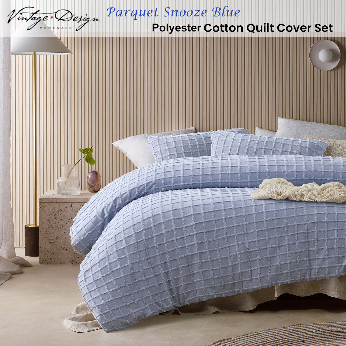 Vintage Design Homewares Parquet Snooze Blue Polyester Cotton Quilt Cover Set Double