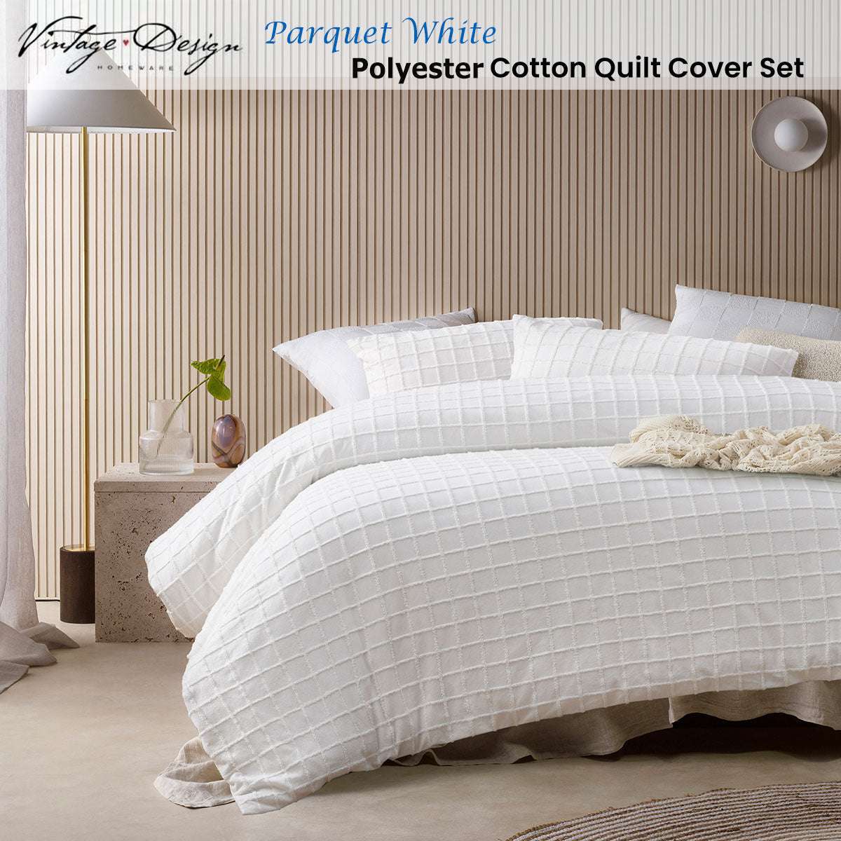 Vintage Design Homewares Parquet White Polyester Cotton Quilt Cover Set King
