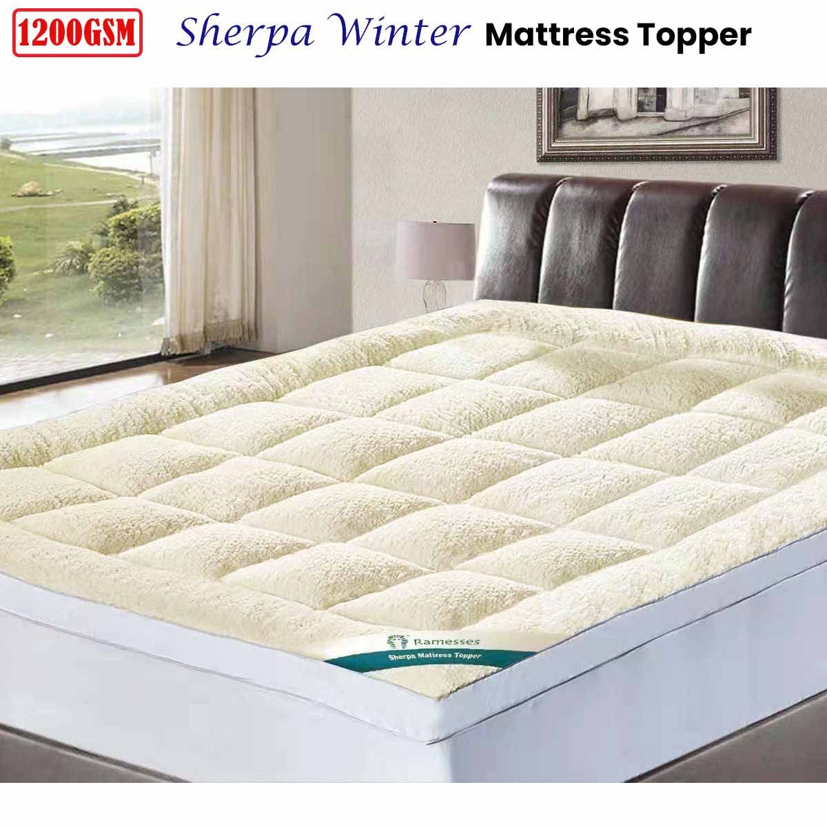 Cream sherpa winter mattress topper with quilted surface, double size
