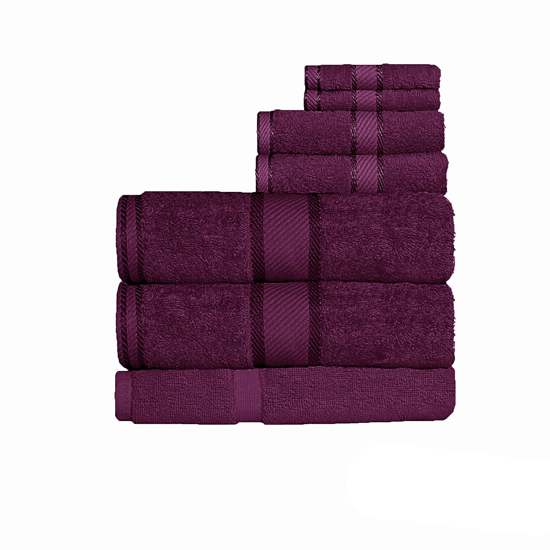 Cotton bath sheet set in deep purple, folded towels with textured stripe pattern