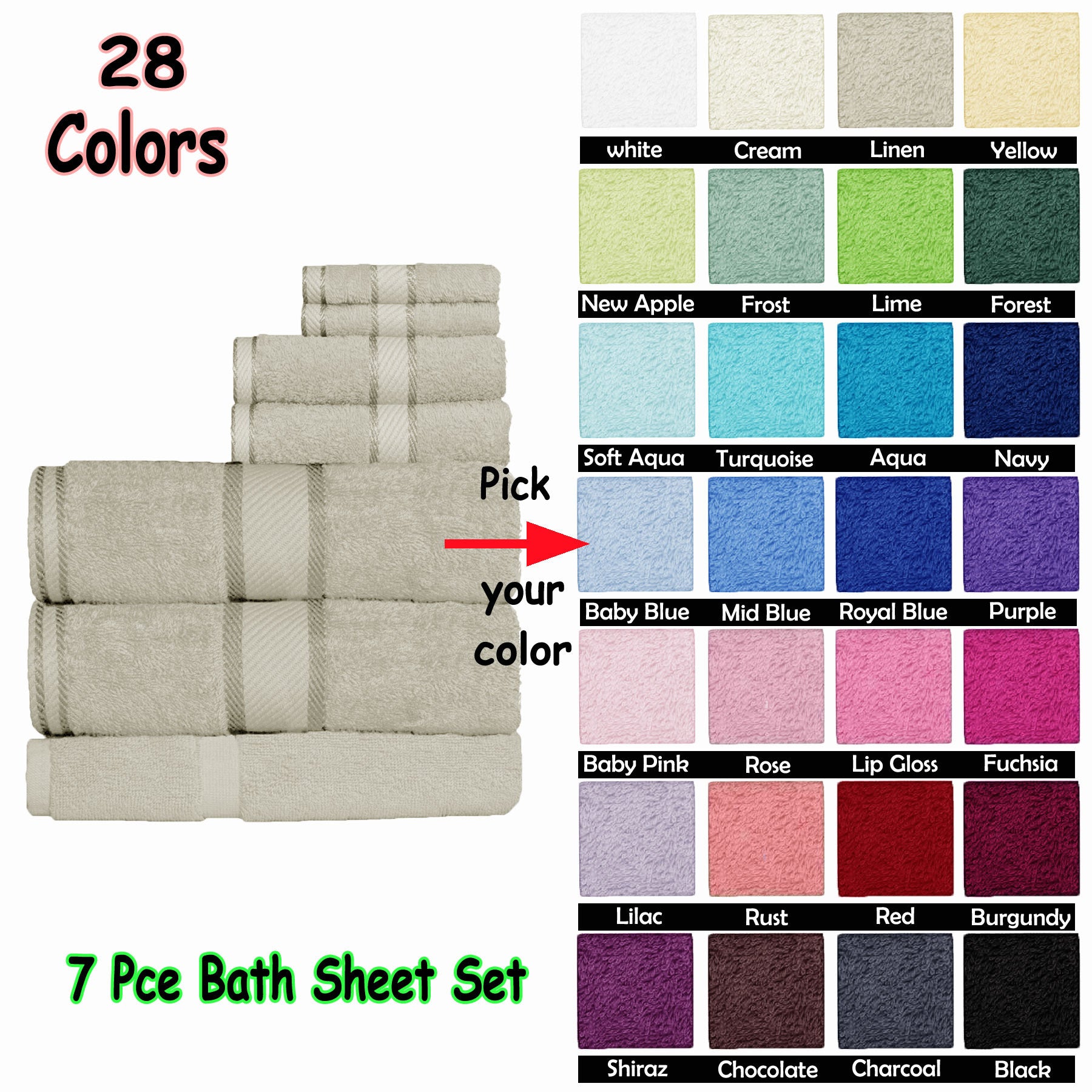 7-piece bath sheet set color chart, Shiraz purple towel stack and swatch grid