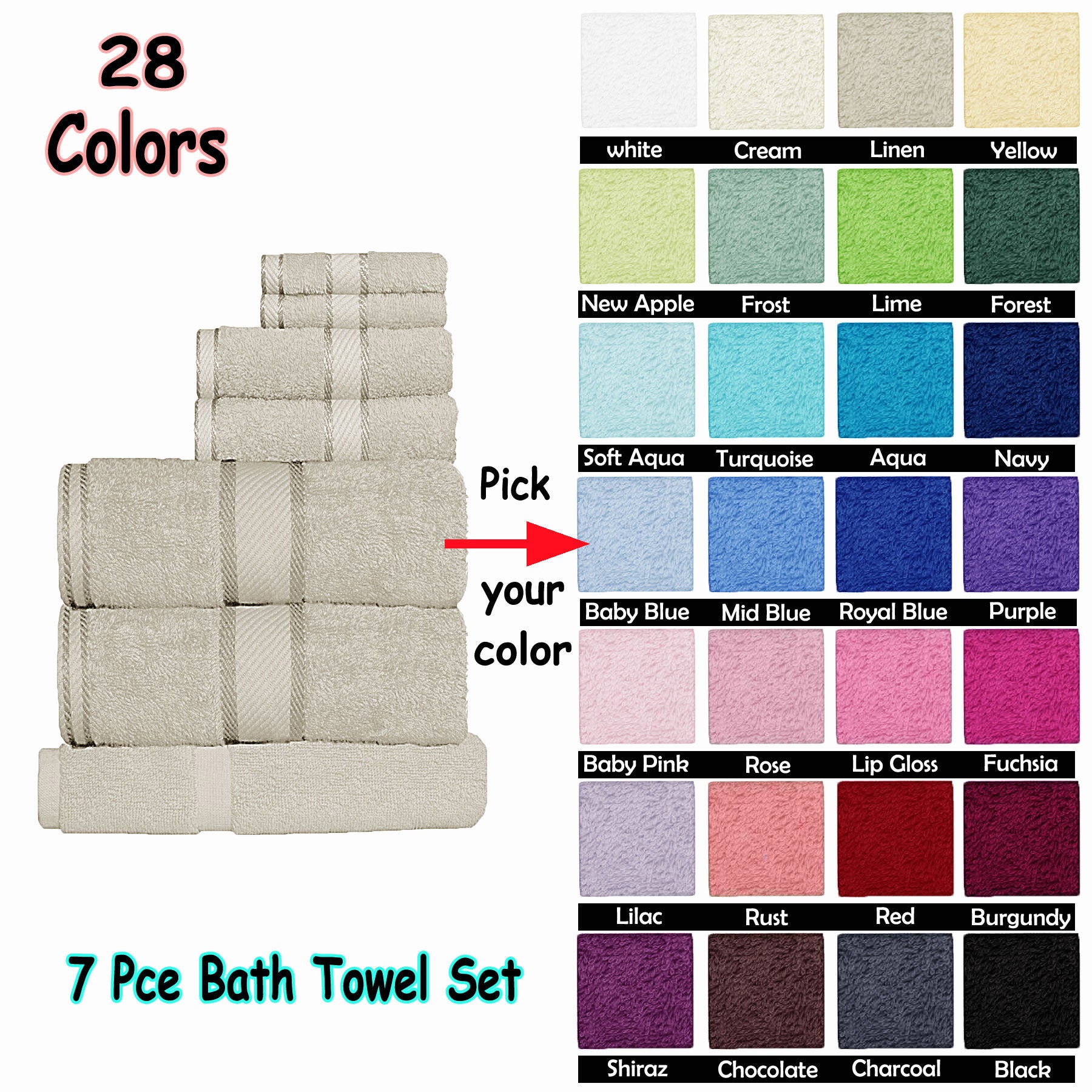 7-piece bath towel set in light gray, with chart of 28 color swatches