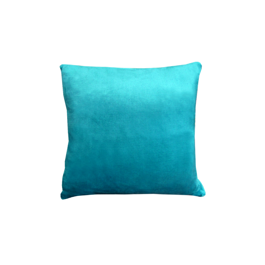 Square faux mink cushion, teal-green velvet-look fabric with stitched edges