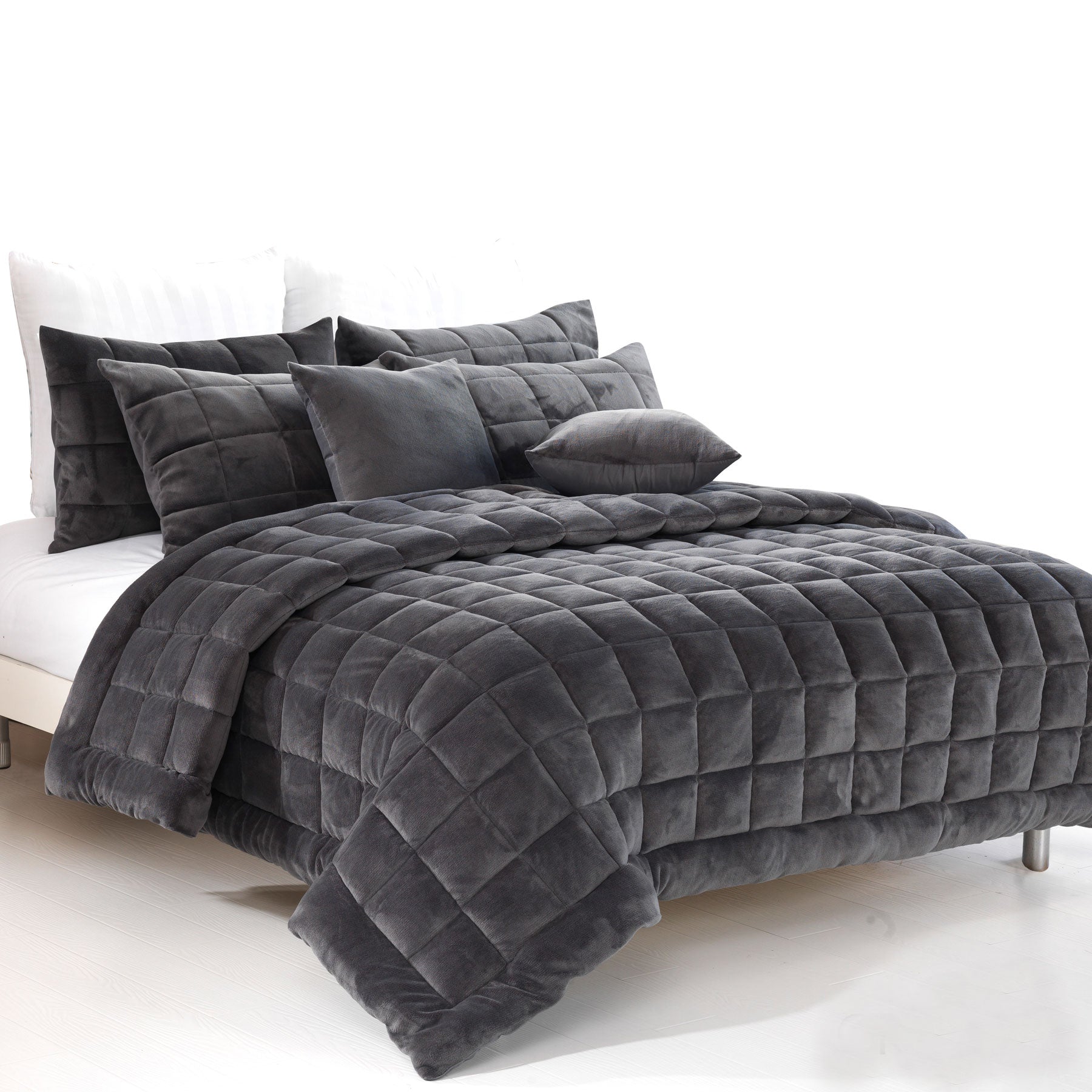 Charcoal faux mink quilted comforter set with matching pillow shams, super king