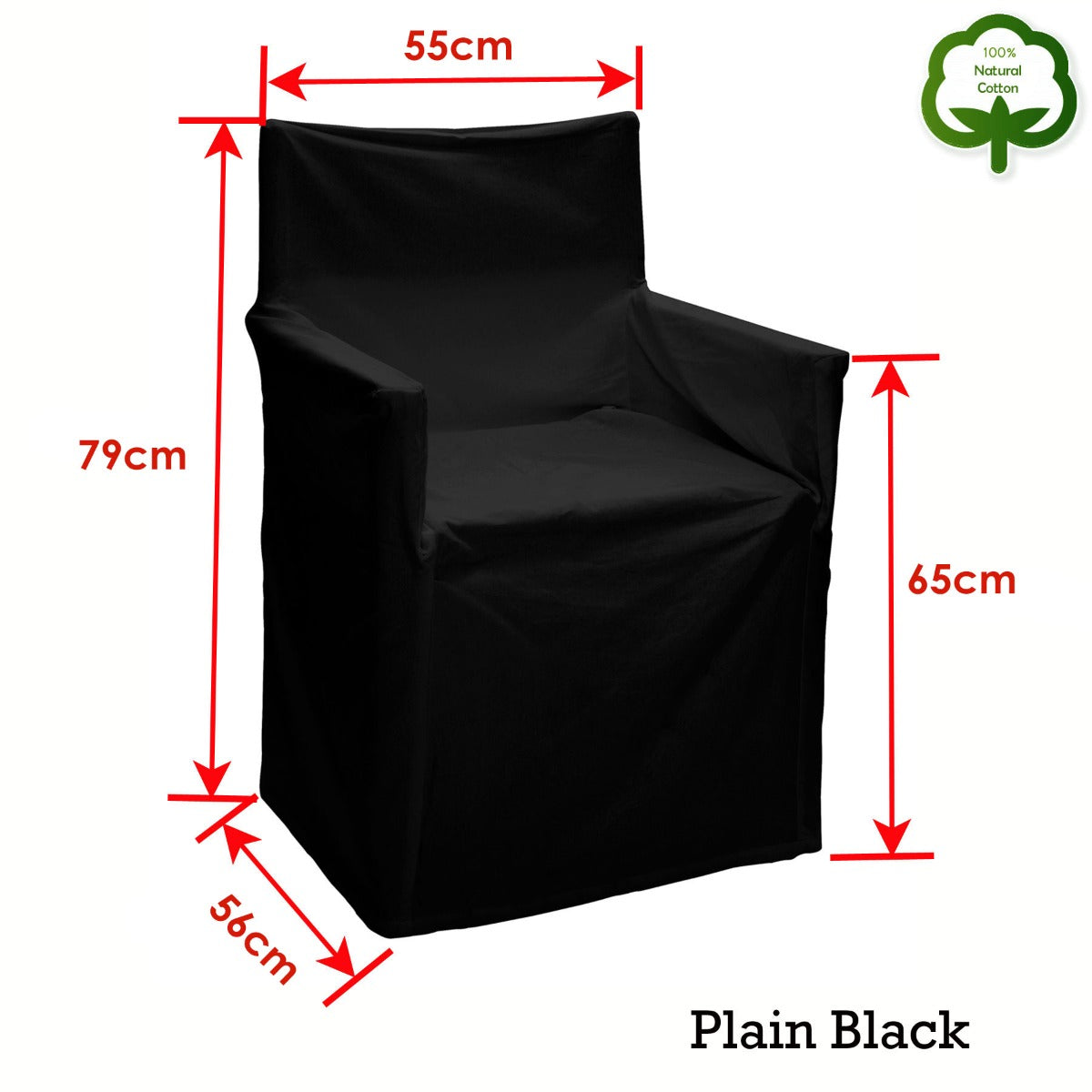 Plain black director chair cover with size measurements: 79cm x 55cm x 65cm