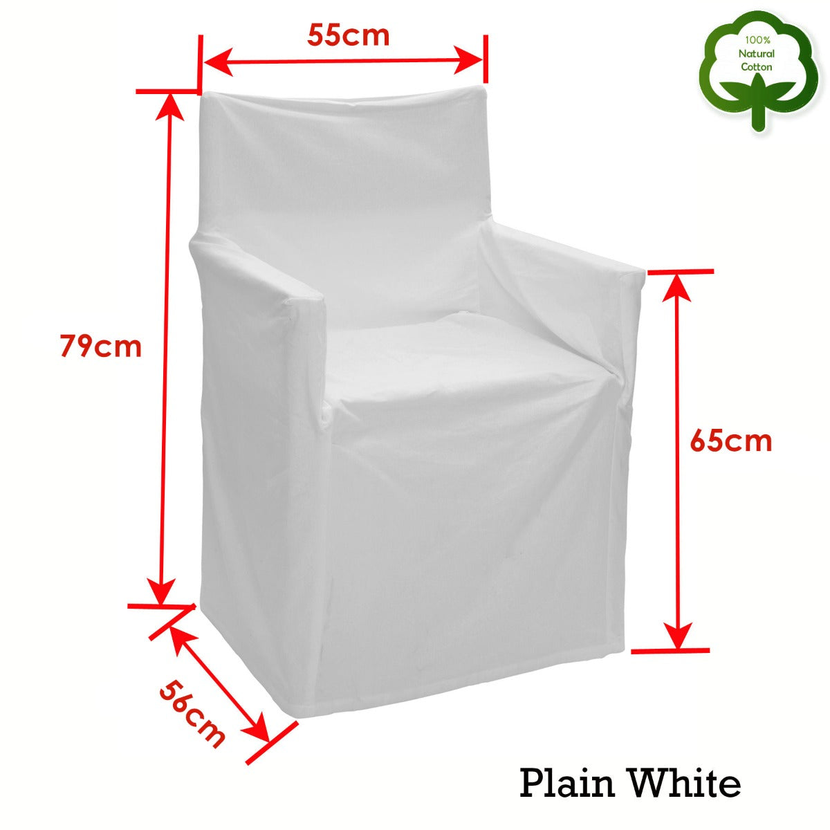 White director chair cover with fitted arm openings; plain style sizing diagram.