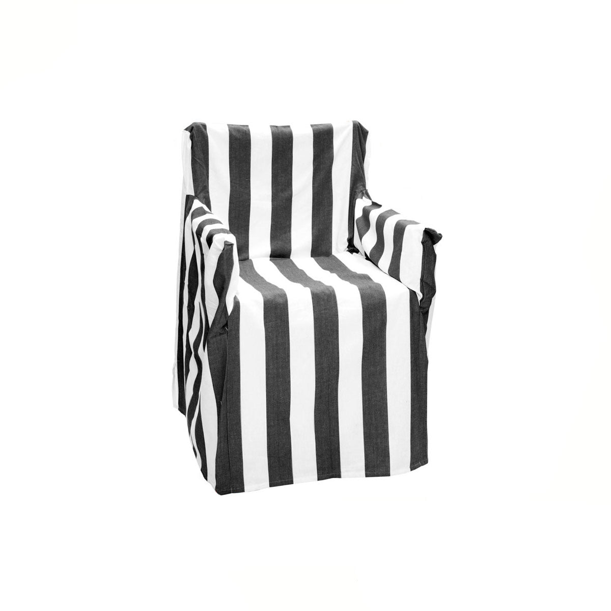 Cotton director chair cover with vertical black and white stripes, gathered corners