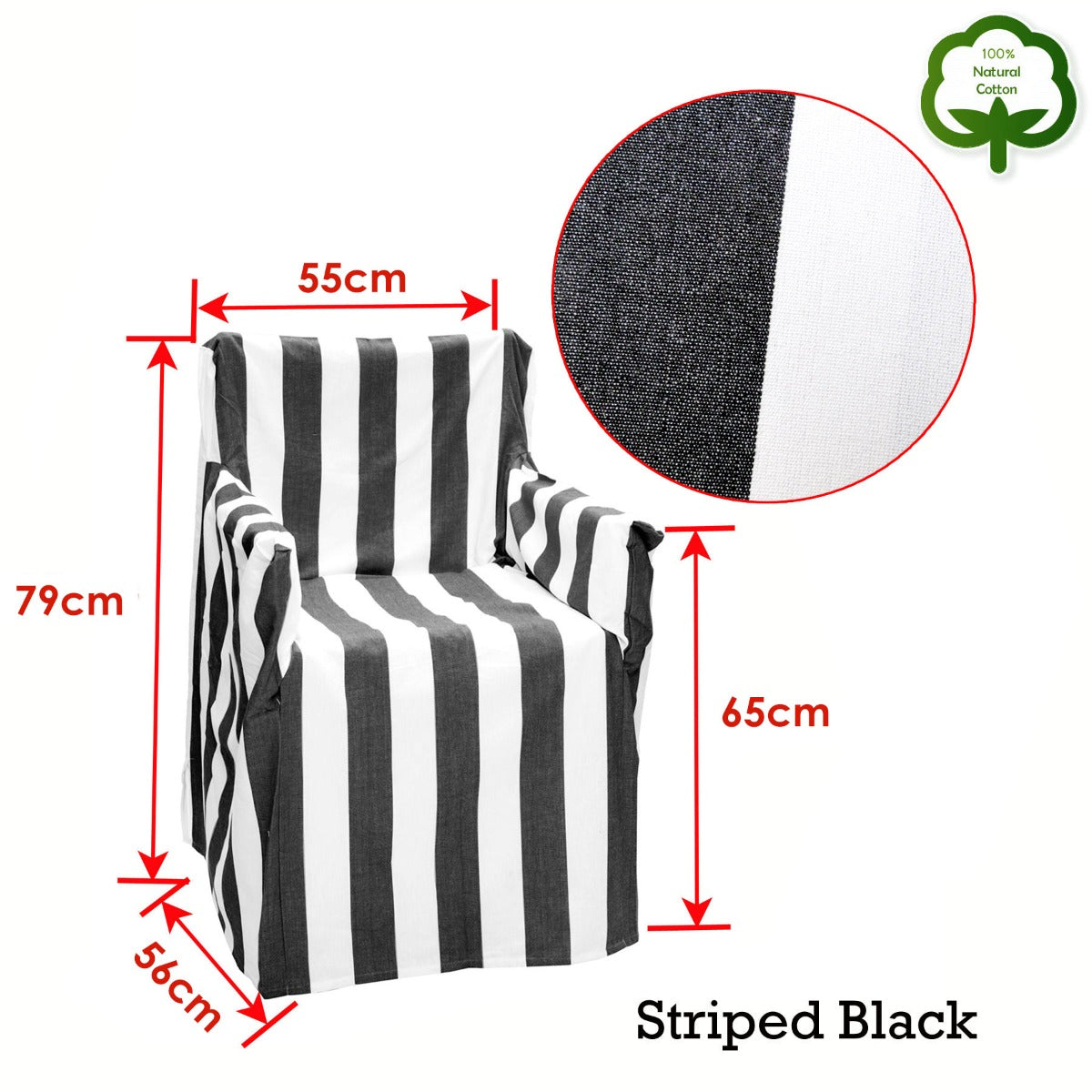 Striped director chair cover, black and white vertical stripes, 55cm by 79cm