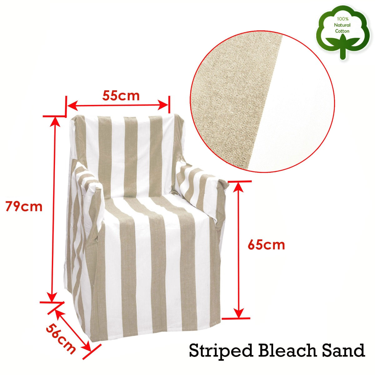 Striped cotton director chair cover with beige-and-white vertical stripes, 79cm wide.