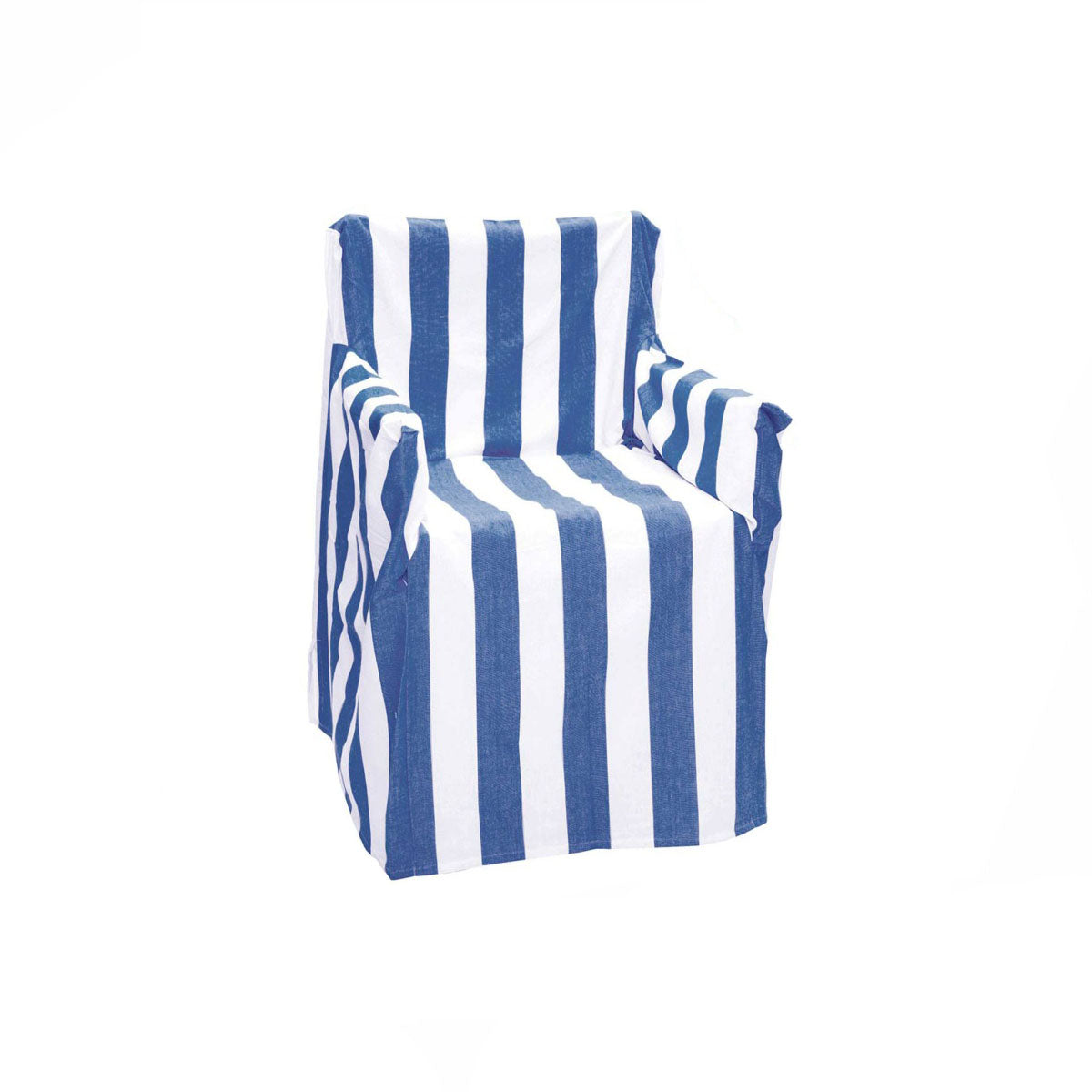 Cotton director chair cover in cobalt blue and white stripes, with gathered armrests